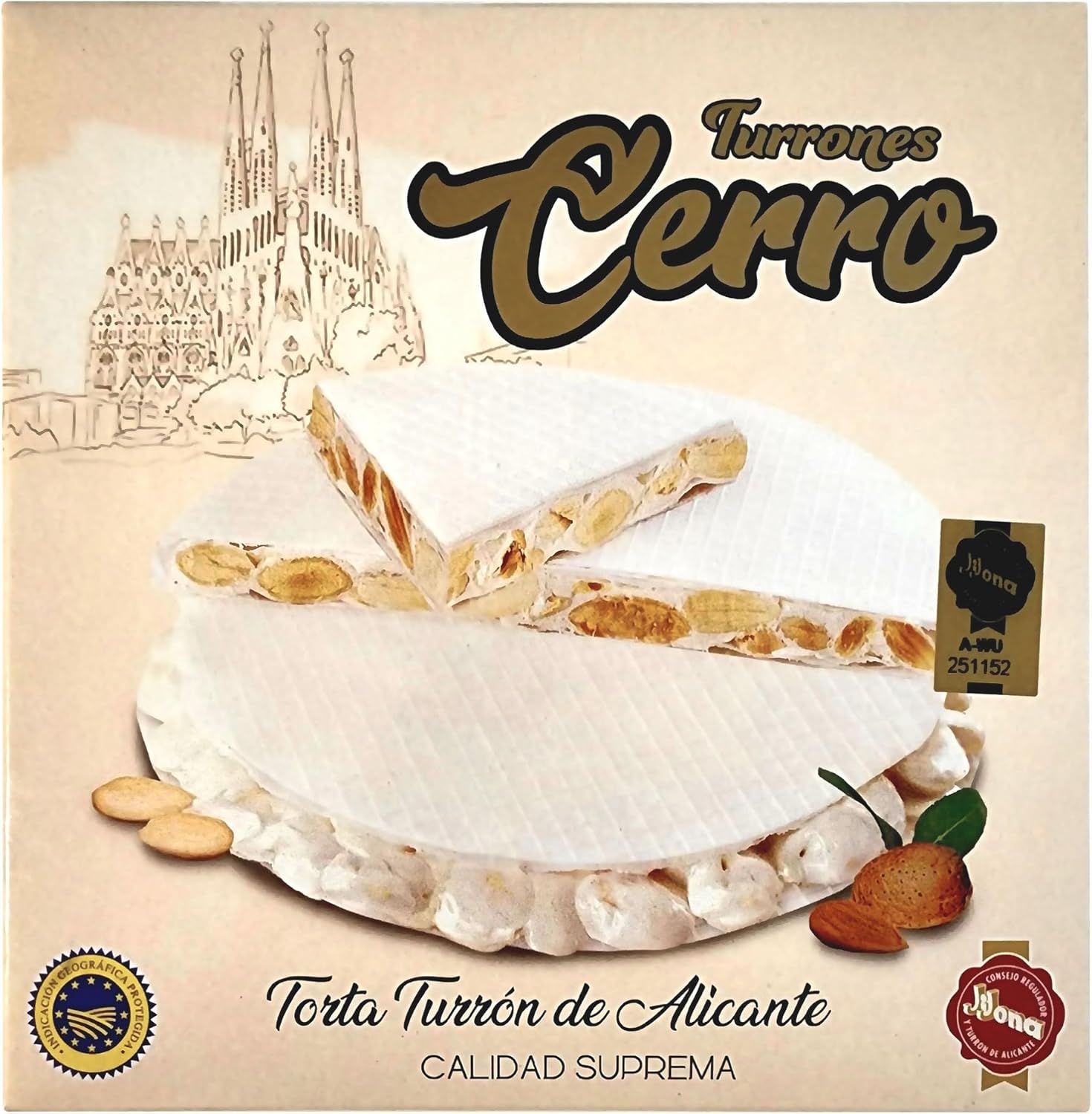 Turron de Alicante Duro TORTA Cerro Supreme Quality 100% Natural - Almonds and Honey Hard Turron 200 g - Gluten Free, Lactose Free