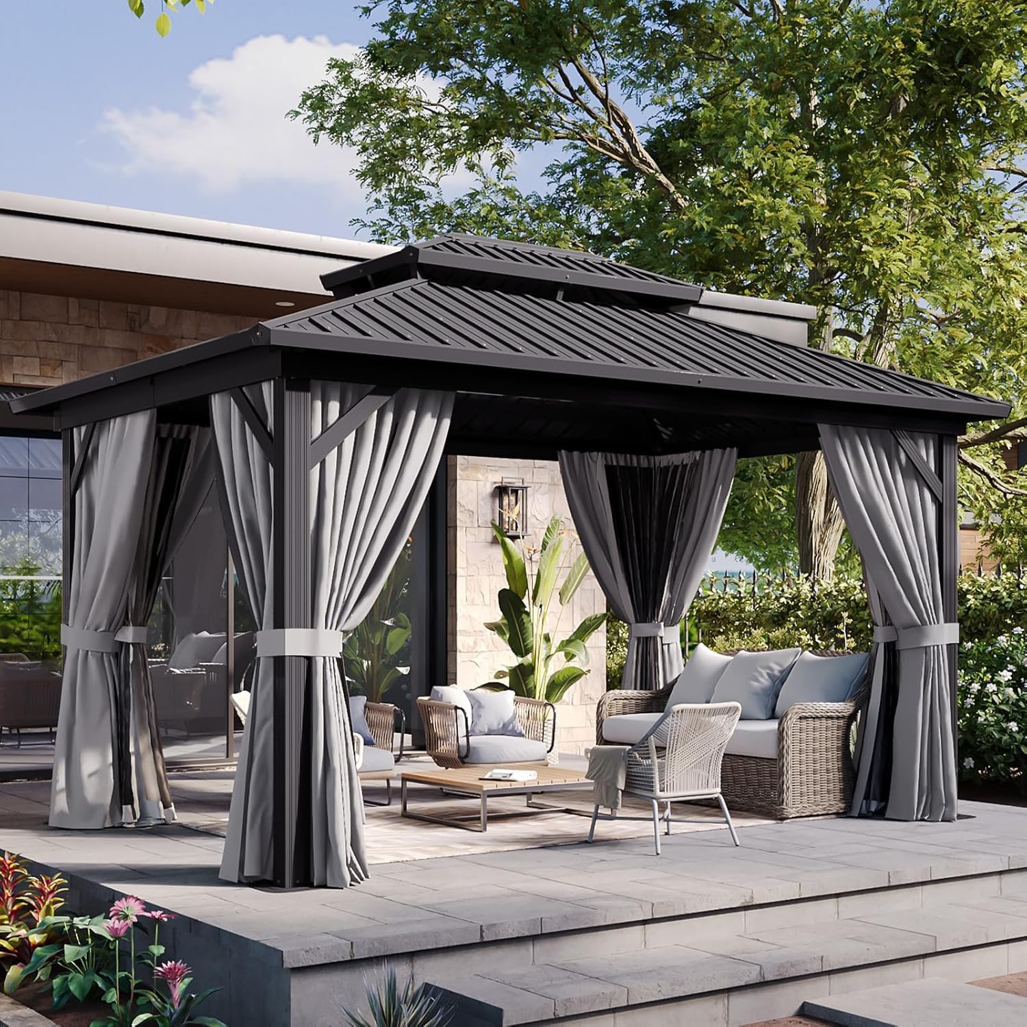 Aoxun 10' X 12' Hardtop Gazebo, Aluminum Metal Outdoor Gazebo with Galvanized Steel Double Roof, Permanent Patio Pavilion with Breathable Netting and Curtains for Dining, Wedding, Party