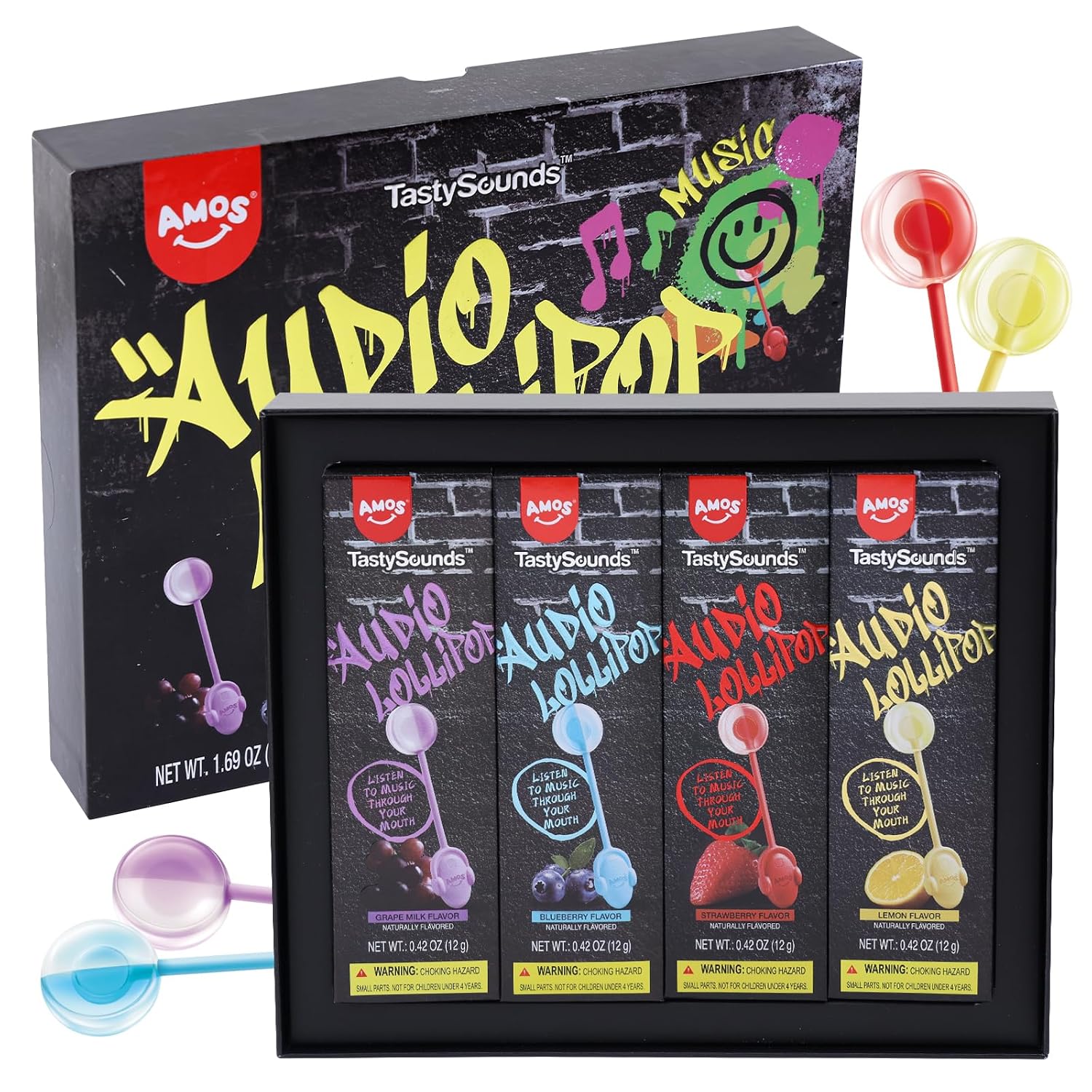 AMOS Music Lollipop Candy Suckers โ TastySounds Audio Hip Hop Singing Lollipop, Assorted Fruit Flavors, Sugar-Free, Low-Calorie Snack, 4-Pack Gift Box