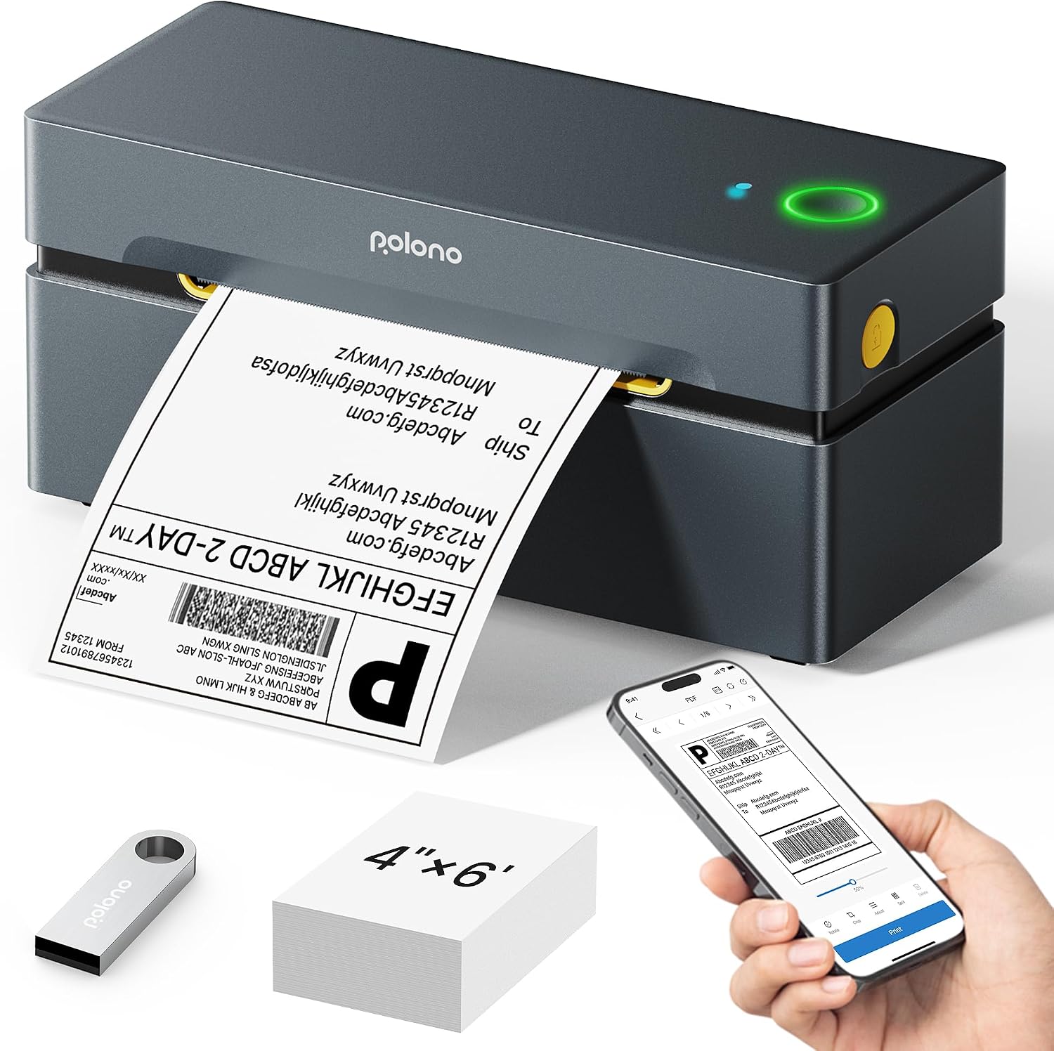 POLONO PL80E Bluetooth Wireless 4x6 Thermal Shipping Label Printer, Grey