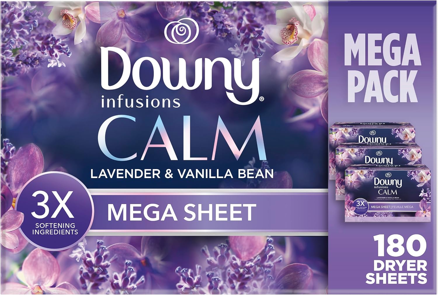 Downy Infusions Mega Dryer Sheets, Laundry Fabric Softener, CALM, Lavender and Vanilla Bean, 180 Count