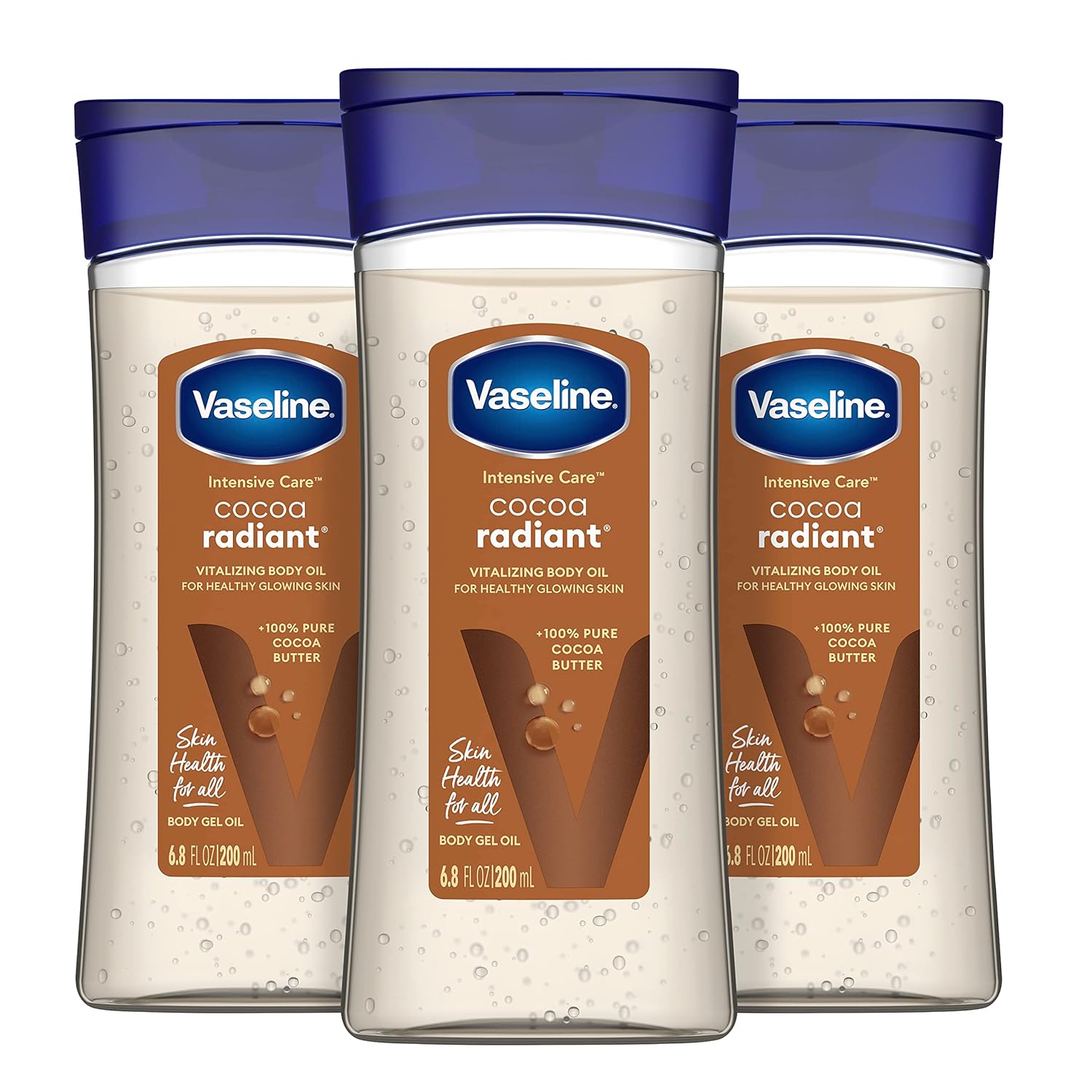 Vaseline Intensive Care Cocoa Radiant For Glowing Skin 3 Count Body Gel Oil Body Oil Made with 100% Pure Cocoa Butter + Replenishing Oils 6.8oz