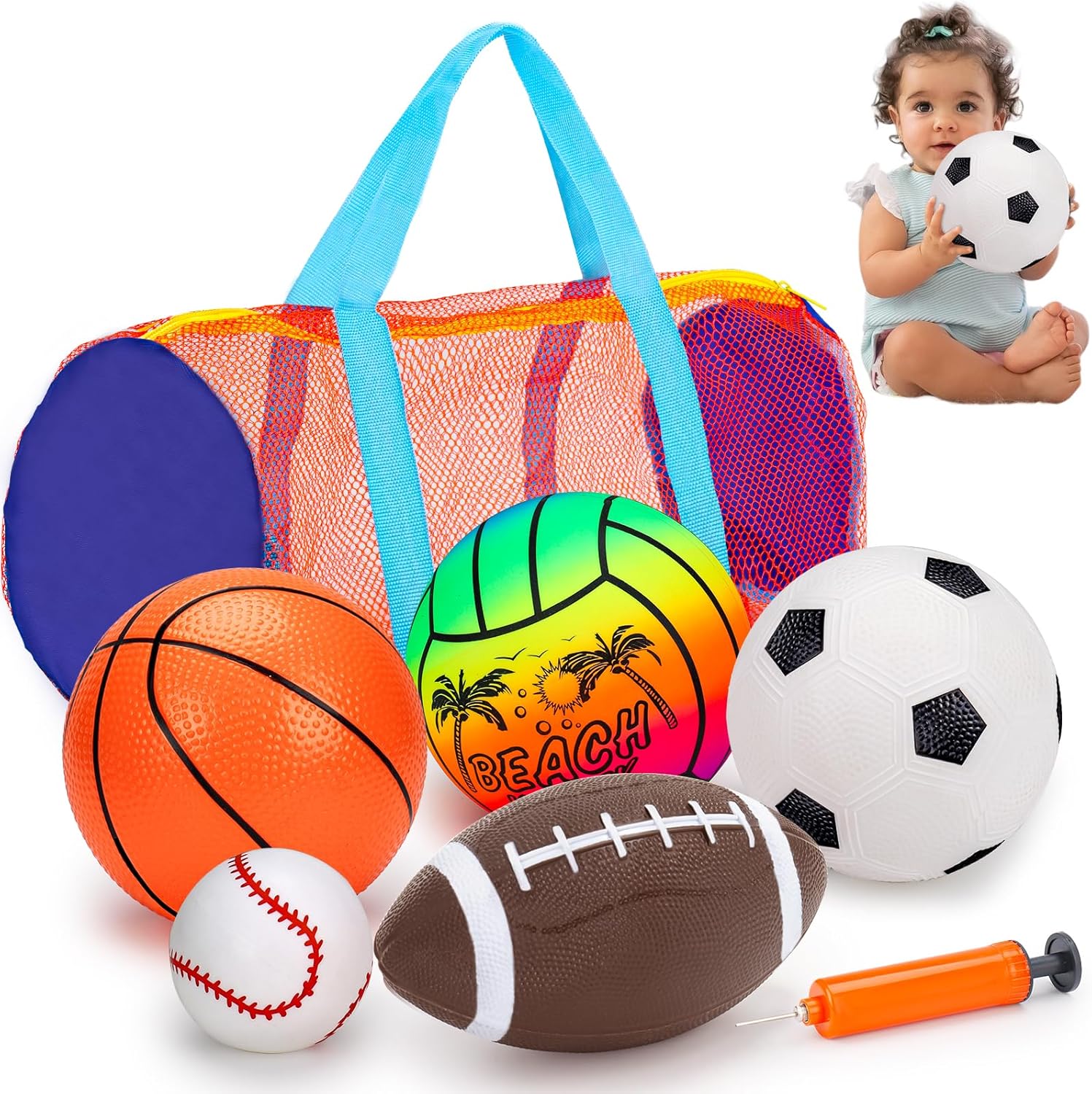 Lypsochaat Balls for Toddlers 1-3, 5pcs Inflatable Balls with Storage Bag Football Soccer Basketball Baseball Volleyball Pump, Indoor Outdoor Sports Play Toys for Kids Toddler 3+ Years