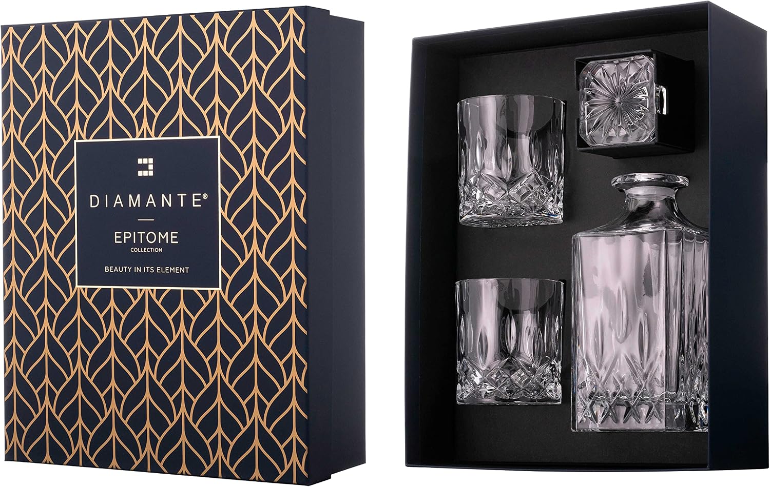 DIAMANTE Whisky Set 3 Piece “Dorchester” Collection | 1 Crystal Decanter with 2 Crystal Tumblers in a Luxury Satin Lined Gift Box