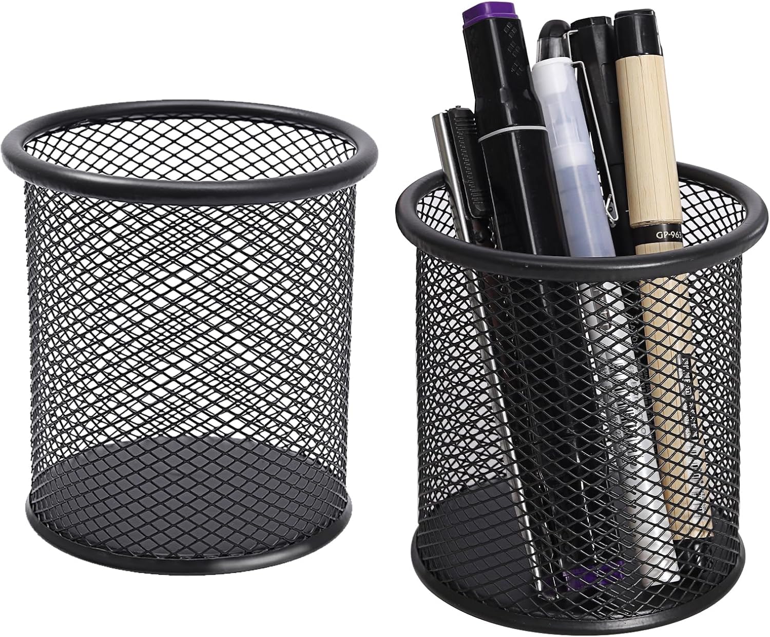 DARUITE Pen Pot, 2PCS Round Metal Mesh Pen Holder for Desk, Multifunctional Pencil Pot, Desk Tidy Organiser for Office Home School, Black