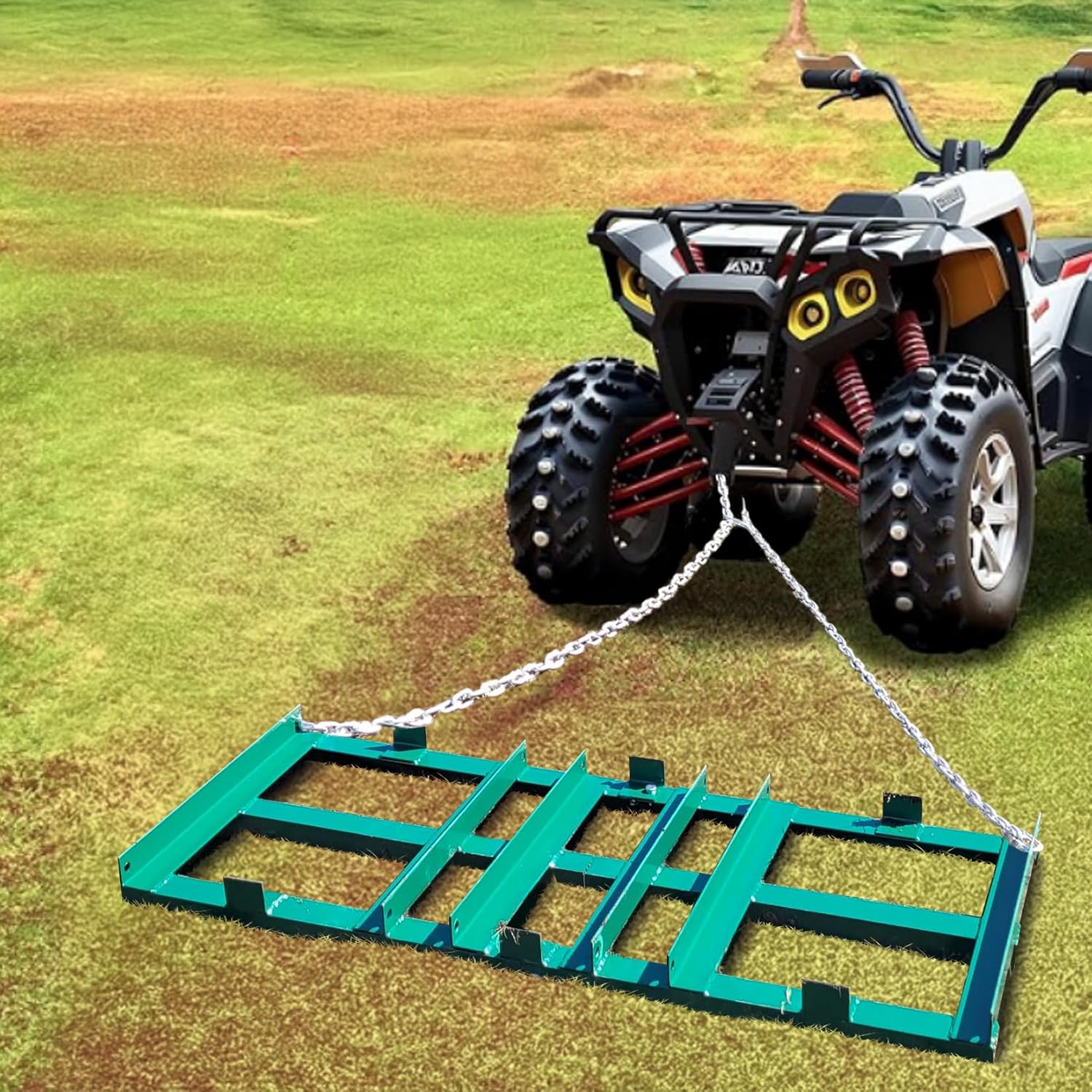 6 FT Drag Harrow Driveway Grader, Heavy Duty Power Rake with 6 FT Chain, Tow Behind Lawn Rake for ATV, UTV, Tractor, Mower, Land Leveler for Gravel, Sand, Soil, Hay