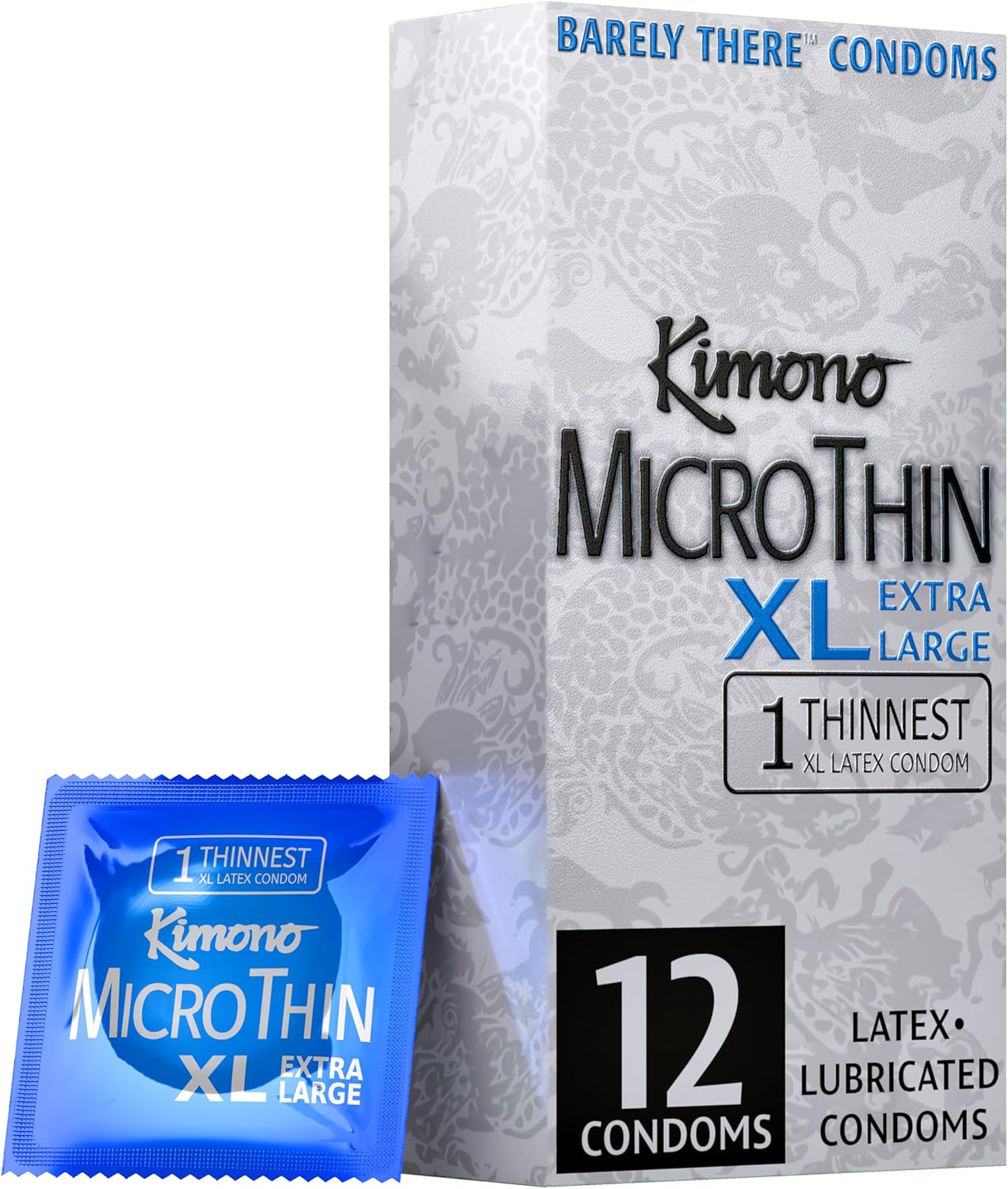 Kimono MicroThin XL Pack of 12 - Ultra Thin Lubricated Condoms, Natural Latex, Vegan-Friendly, No Latex Odor, Extra Thin, Widest-Base - Enhanced Sensitivity