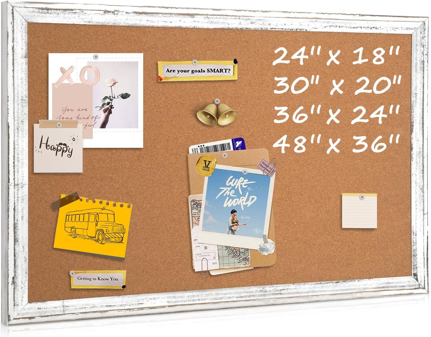 Bulletin Board, 36" x 24", Cork Board for Wall, Rustic White Wooden Frame, Hanging Pin Board for Home & Office Decor, 10 Push Pins