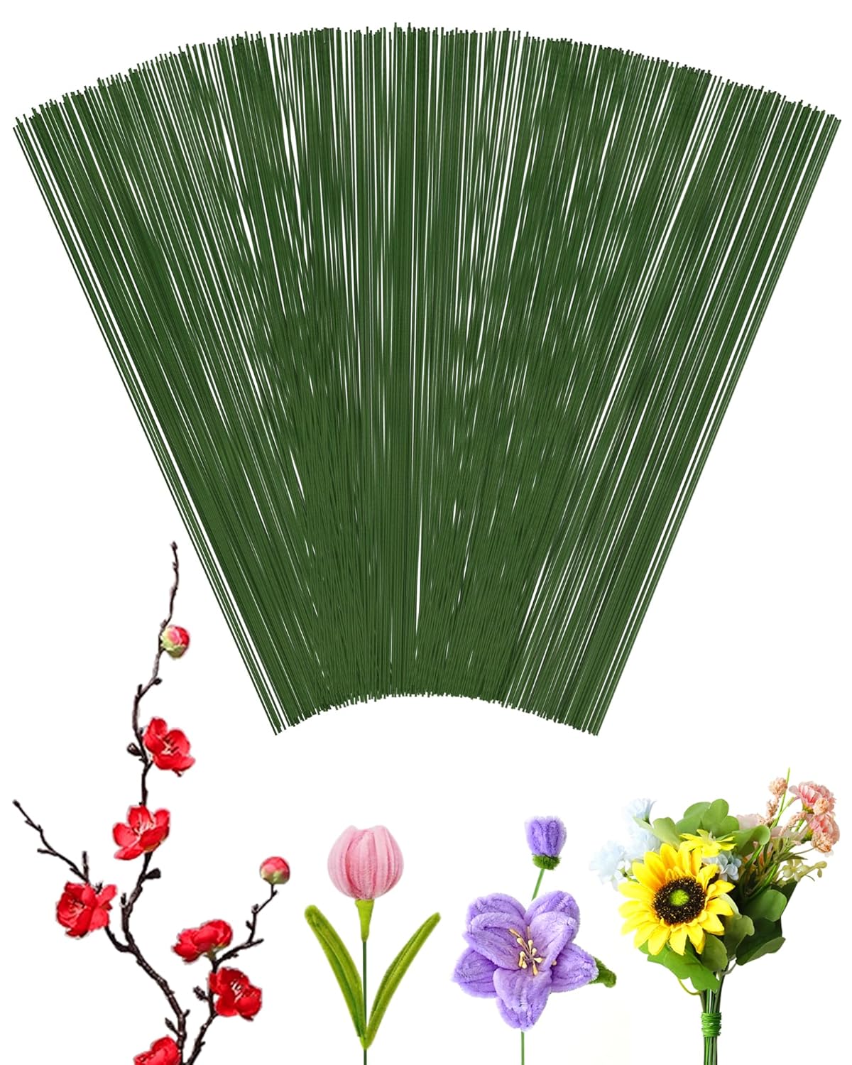 100 PCS FIVEIZERO 26 Gauge Green Floral Wire Stems for Artificial Flower Making,Florist Wire,Flower Wires for Crafts,Alambre para Flores for Wreaths, Flower Arrangements and DIY Projects