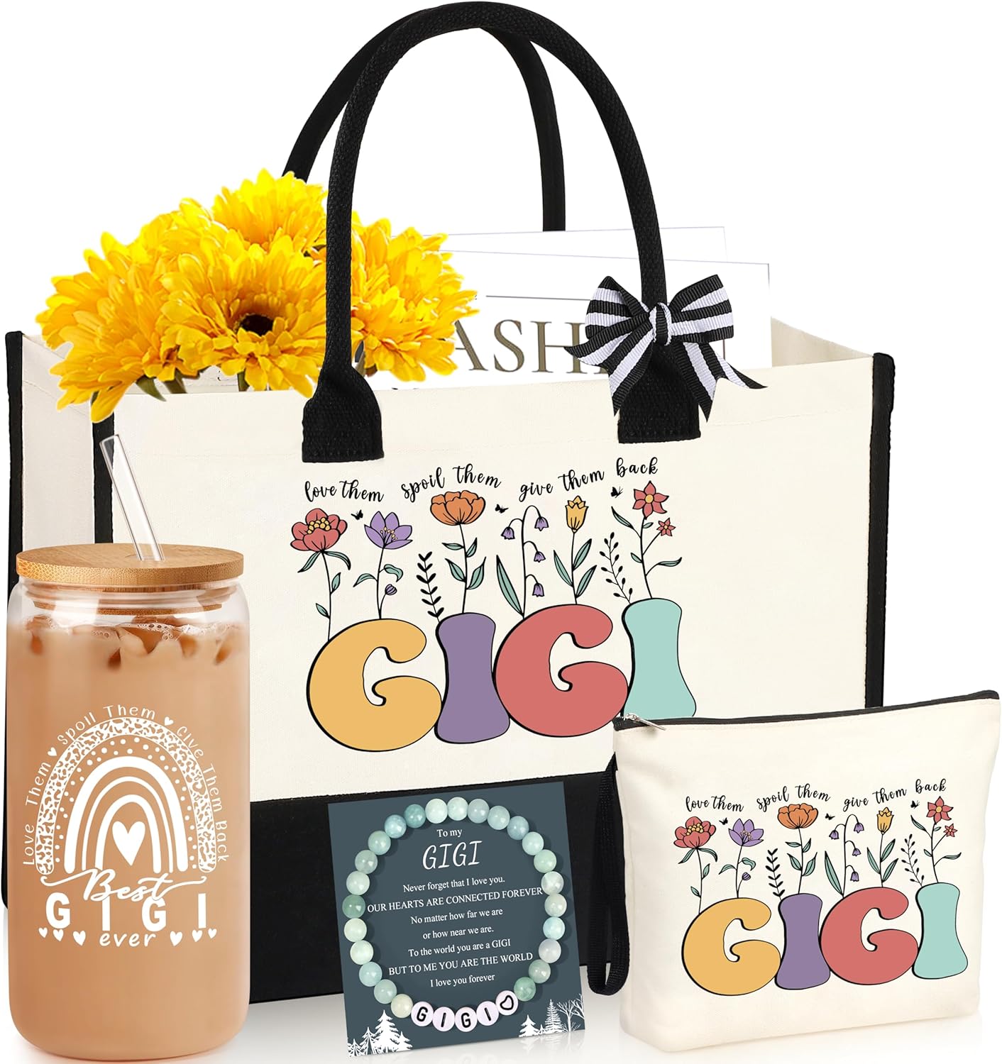 DOGMEN Gigi Gifts for Grandma Birthday Gifts Set for Gigi from Granddaughter Grandchildren Grandkids Christmas Gift Basket for her Tote Bag Makeup Bag 16 Oz Can Glass