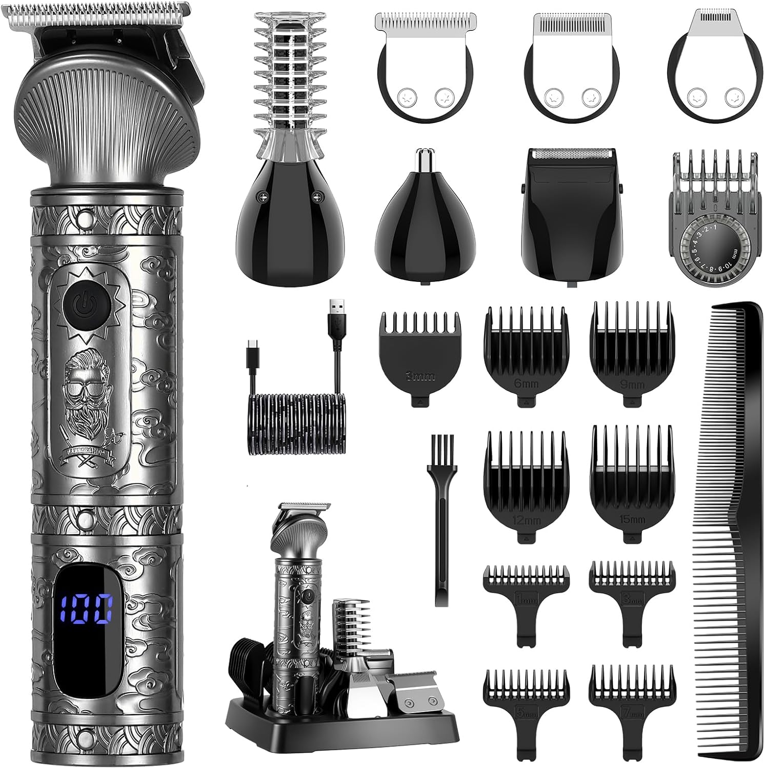 Surker Beard Trimmer for Men, 7 in 1 Professional Grooming Kit ,T-Blade Trimmer, Electric Shaver, Nose & Body Trimmer, Hair Clipper, Cordless, USB Rechargeable with LED Display