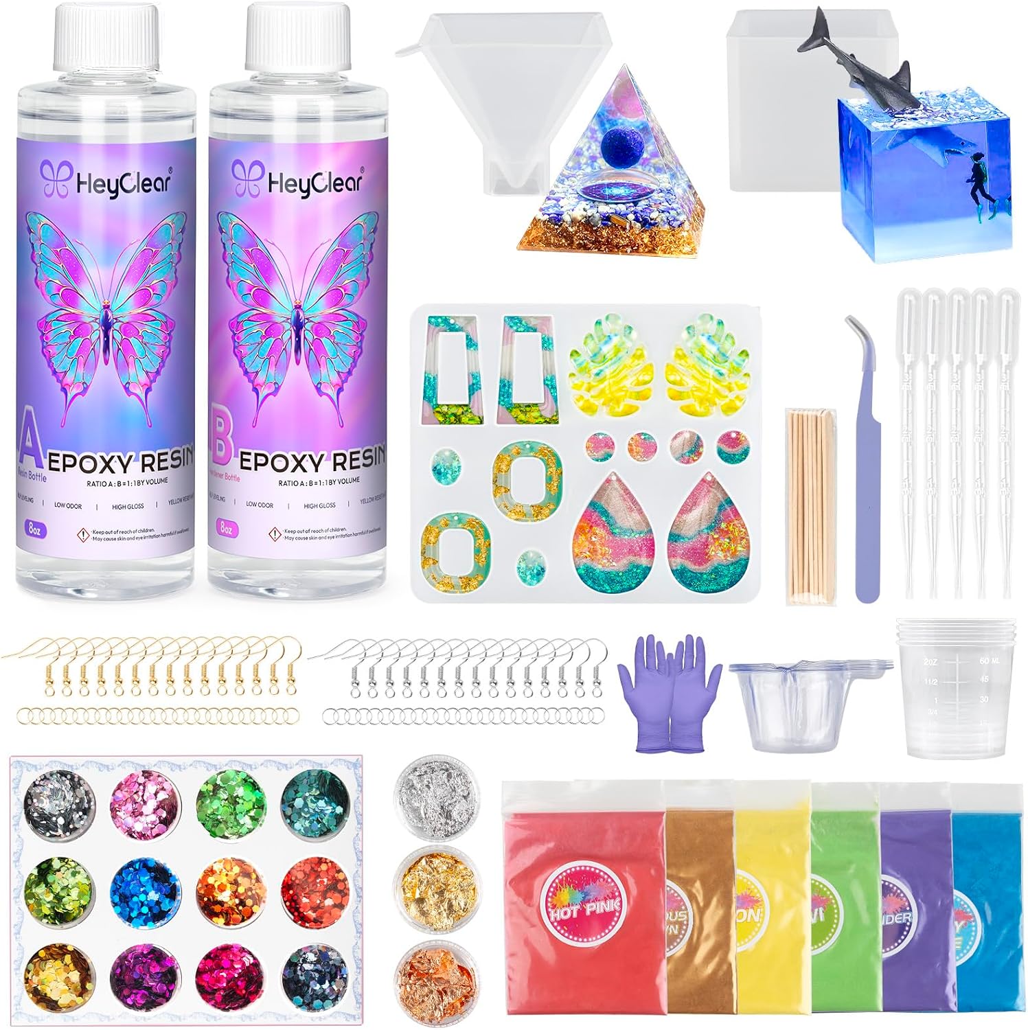 HeyClear Epoxy Resin Kit with Moulds for Beginners -16oz/473ml Super Clear and Hard Epoxy Glue Complete Craft Supplies Set for Starters Casting Art, Jewelry Making, DIY Creation Gifts