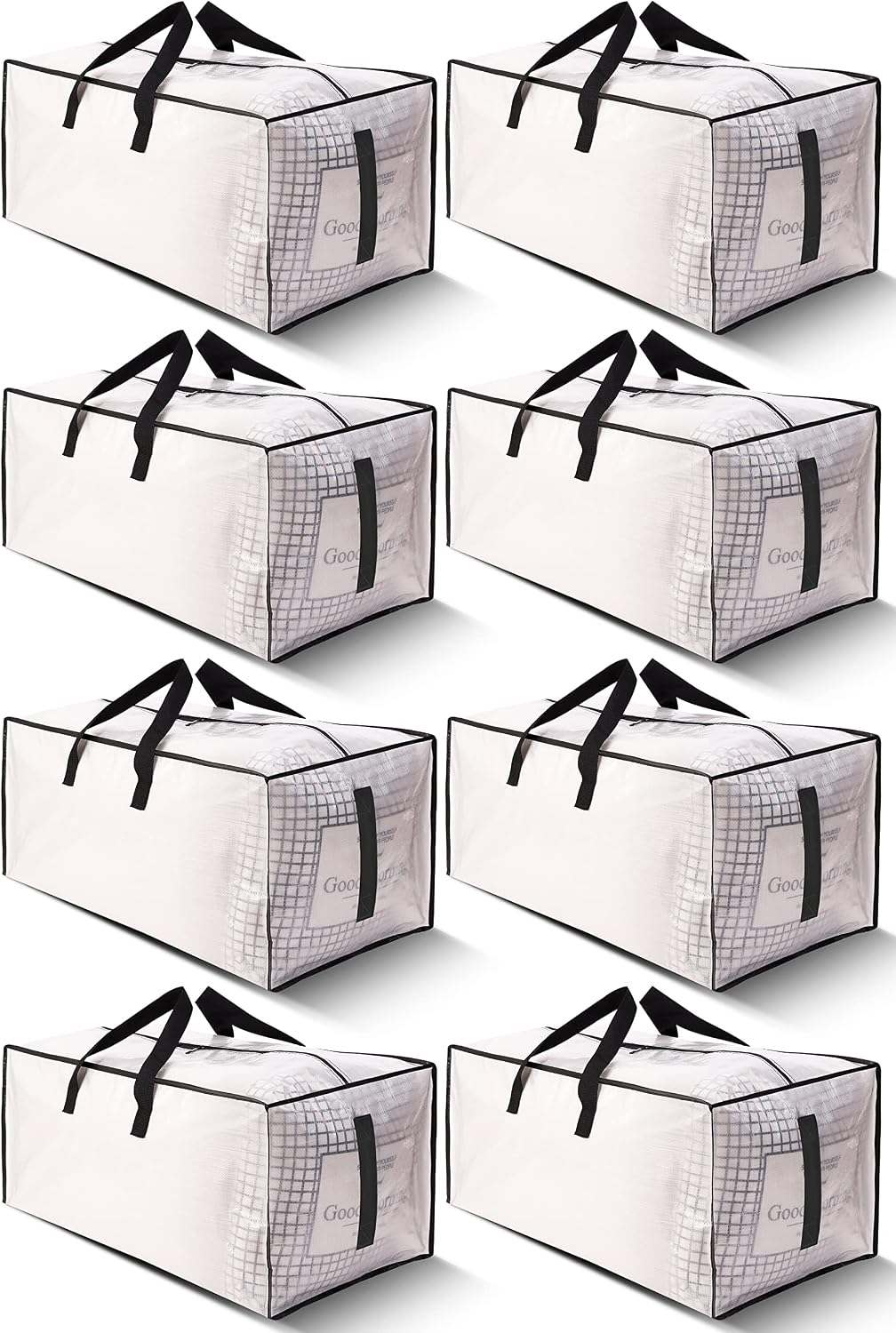 8 Pack Large Strong Moving Bags with Zippers & Carrying Handles - Water-Resistant - Heavy Duty Storage Tote for Space Saving, Fold Flat, Alternative to Moving Box (Semi-Transparent)