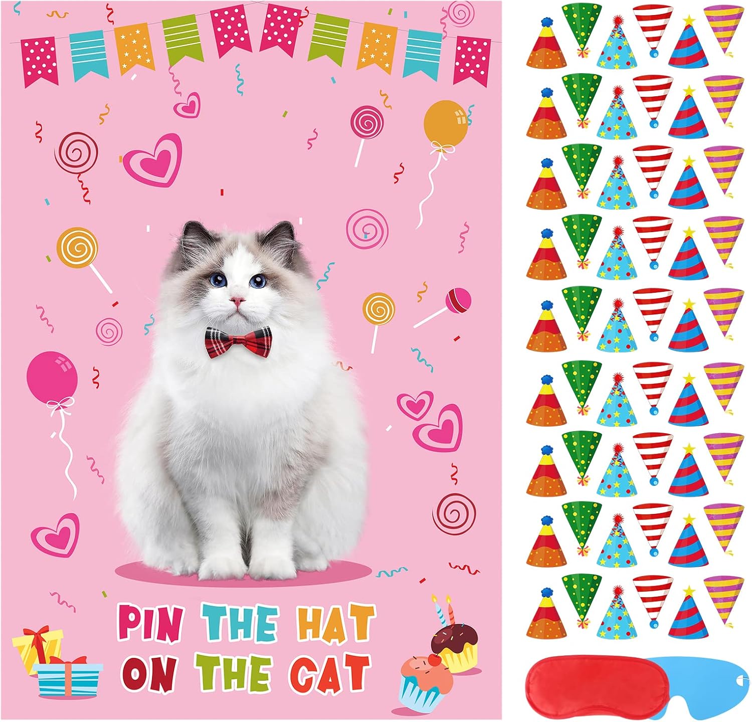 Pin The Hat On The Cat Party Game Cat Birthday Party Games for Kids, Cat Birthday Party Supplies Decorations for Girls Boys, Large Cat Poster with 54 Hat Stickers