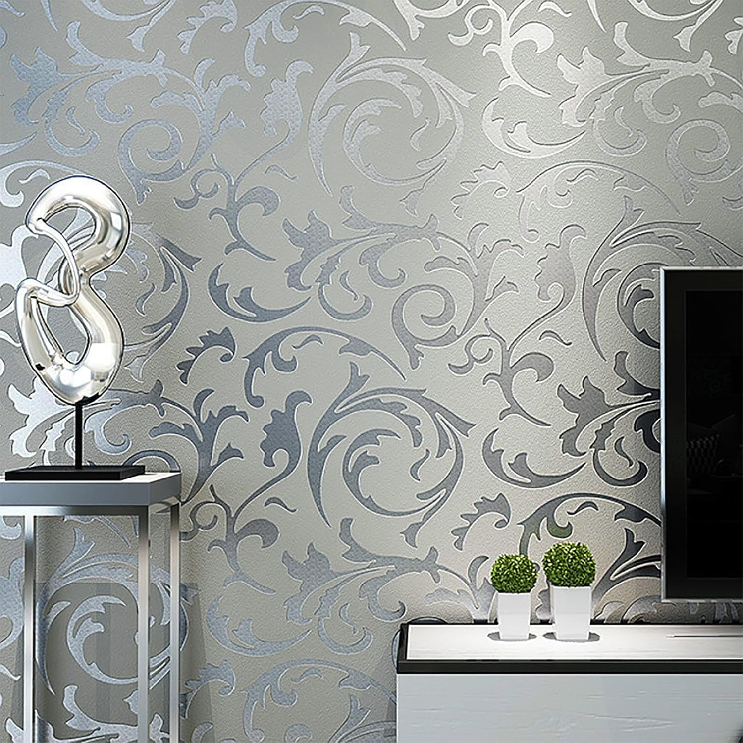 Trafagala 21inches x 33feet 3D Embossed Silver Grey Non-Woven Wallpaper Glitter Under The Light Retro Damask Leaf Textured Wallpaper Baroque Ornament Wall Wallpaper for Livingroom Bedroom Hallway