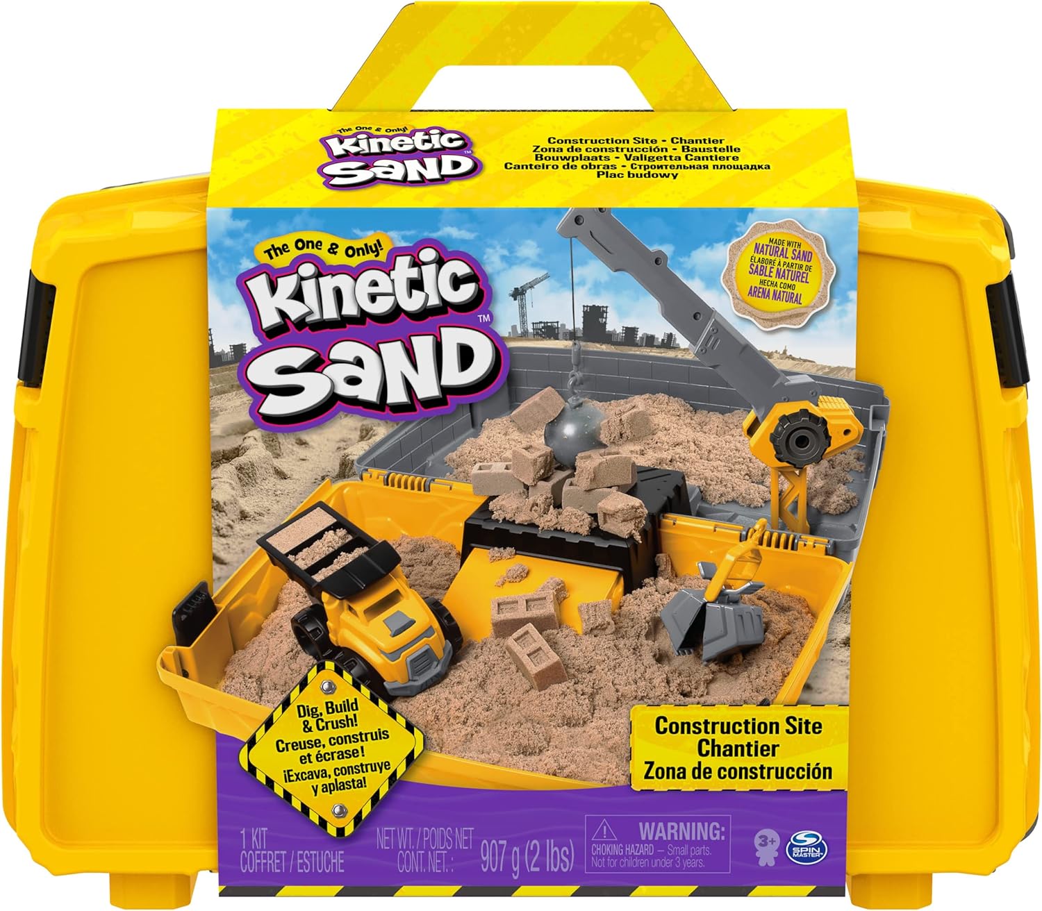 Kinetic Sand, Construction Site Folding Sandbox Playset with Vehicle and 907g, for Kids Aged 3 and Up