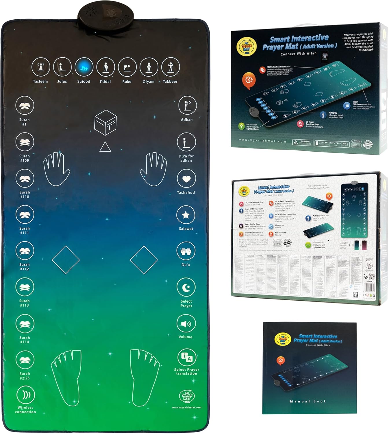 My Salah Mat for Adults - Smart Interactive Prayer Mat for Adults & Reverts Learning Surahs, Salah, Duas, & More - Muslim Prayer Rug with 25 Touch Keys, Padded Prayer Mat Layer, & Speaker for Ages 8+