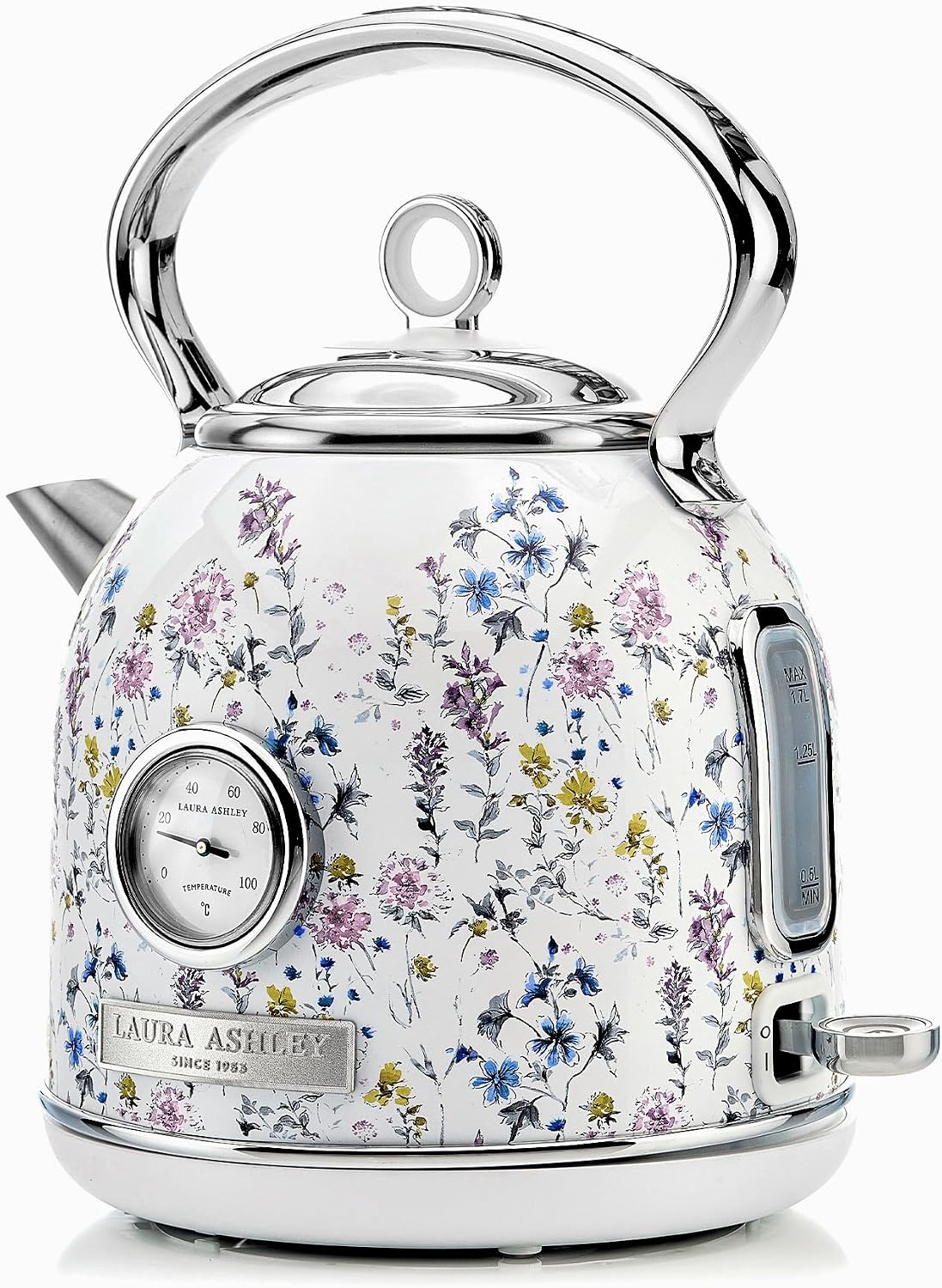 Laura Ashley Wild Meadow 1.7 Litre Stainless Steel Electric Kettle - 3KW Kettles Electric Fast Boil Quiet - Pyramid, Retro Kettle Cordless with 360 Degree Base, Overheating & Boil Dry Protection