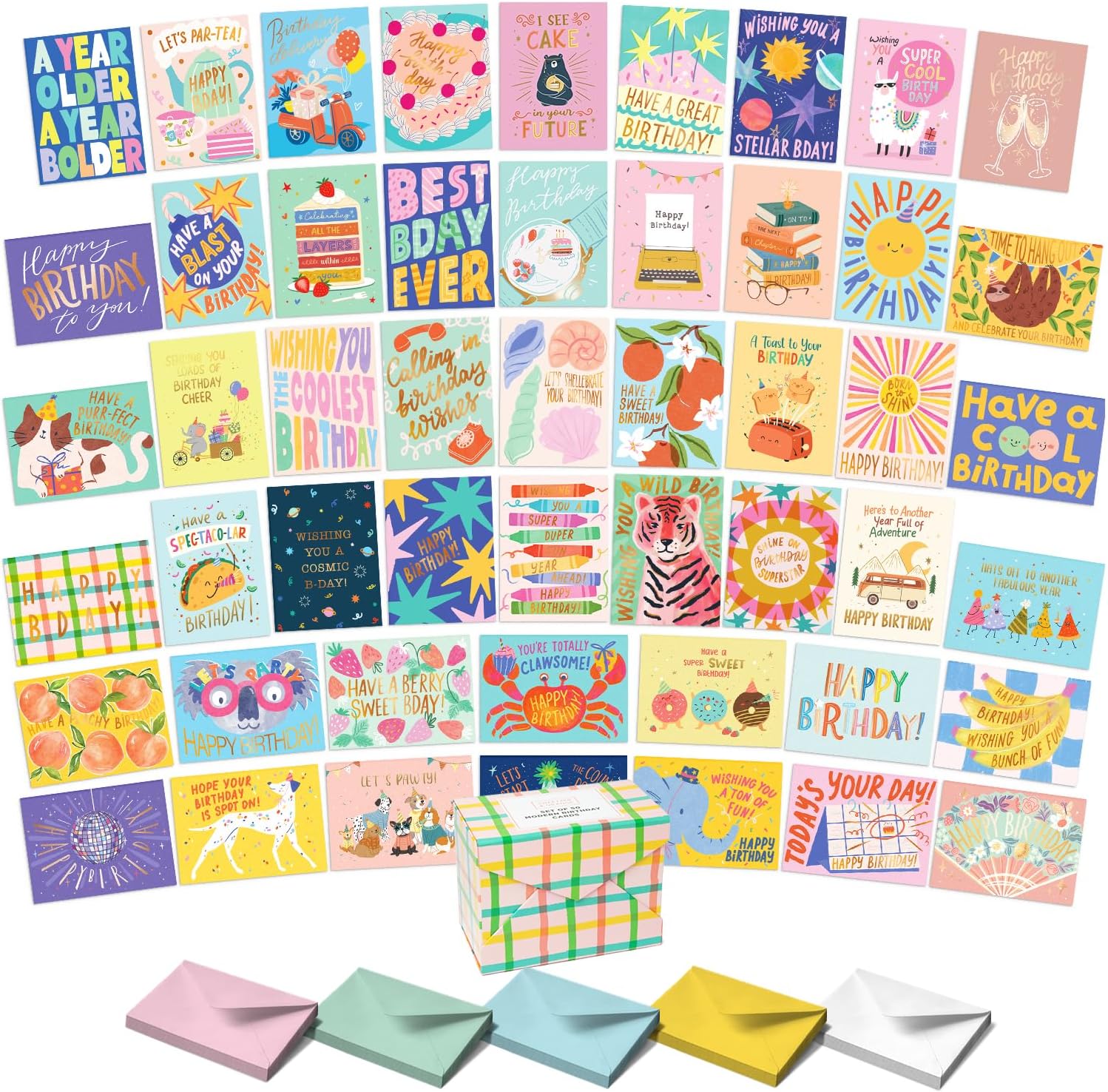 S&O Happy Birthday Cards with Envelopes and Assortment Box – Variety Set of 50 Assorted Birthday Notes. Perfect Bulk Pack for Celebrations, Office, Friends, Family, and Special Occasions-4x5.5"