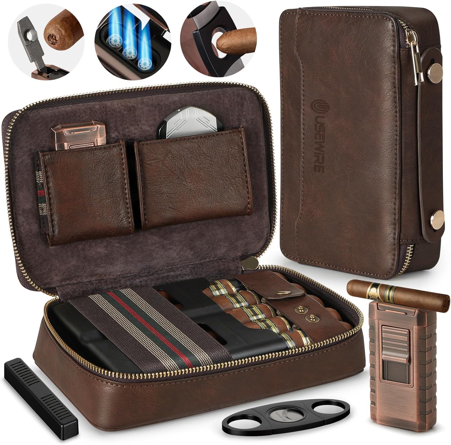 Travel Cigar Humidor, Leather Cigar Case ，with Cigar Lighter and Cigar Cutter，Holds 5 Cigars Cigar Case, Portable Cigar Humidor Travel Case, Cigar Accessories for Men (No Butane)