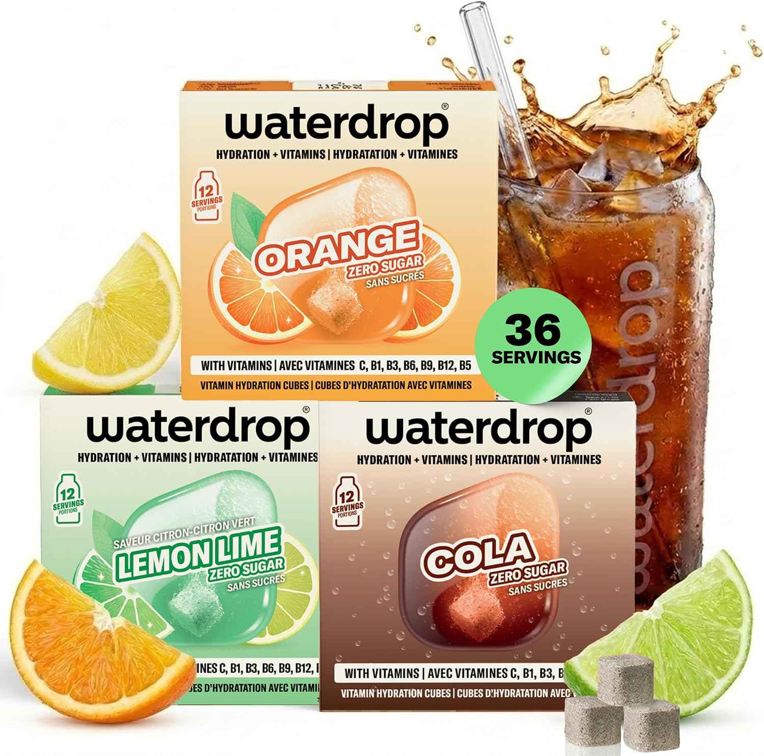 waterdrop® Microdrink Fizzy Drinks Set - Cola - Orange - Lime - Water Flavouring - Hydration Tablet - 36 Sugar Free Drink Cubes - Enriched with Vitamin C and B