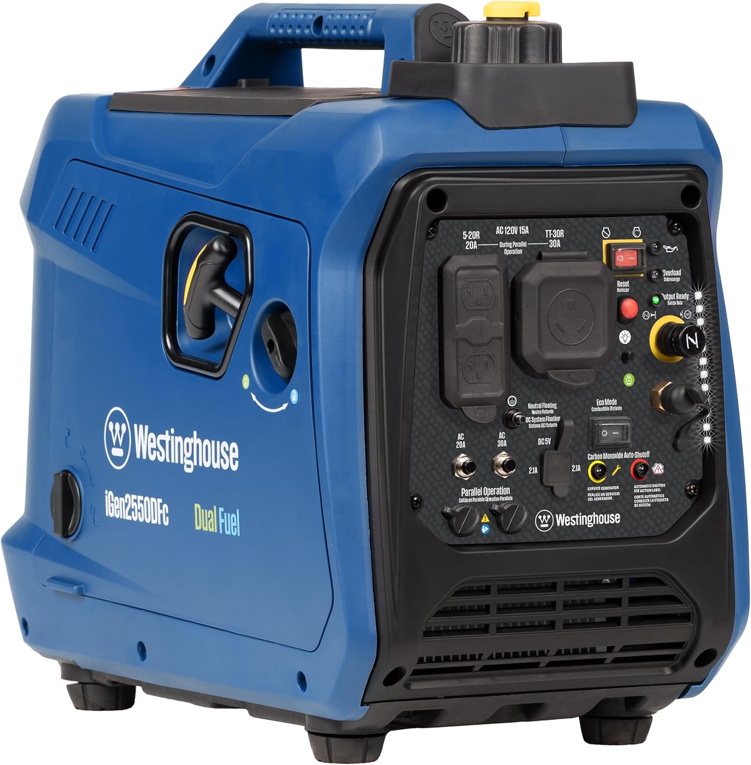 Westinghouse Super Quiet and Lightweight 2550 Watt Portable Inverter Generator, RV Ready, 30A Output, Gas and Propane Powered, CO Sensor, Parallel, Long Life Capacity
