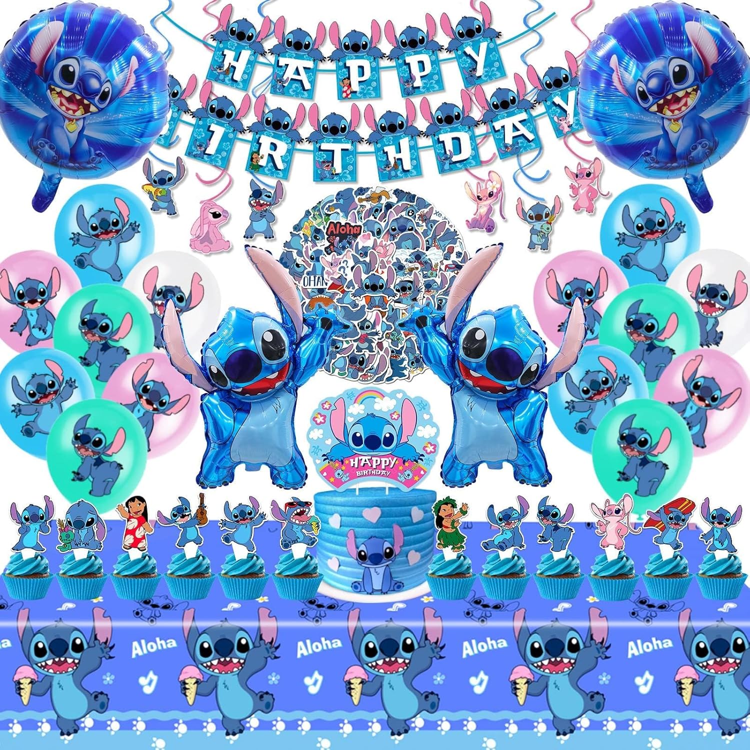 Stitch Party Supplies, 103pieces Birthday Decorations Set Include Banner, Balloons, Stickers, Hanging Swirls, Cake Cupcake Toppers, Tablecloth for Boys Girls Stitch Theme Party