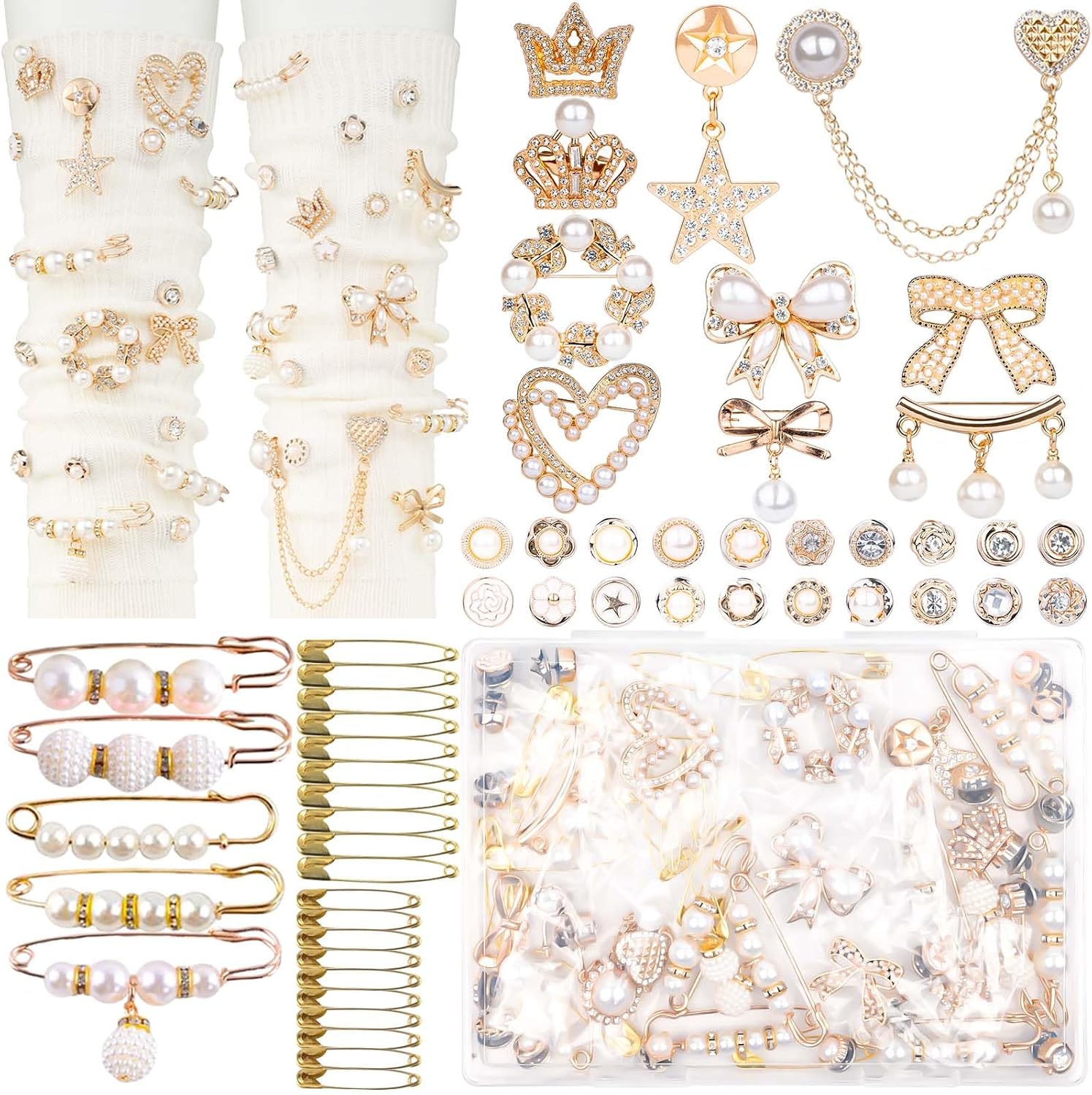 DoDoBeads 60 Pcs Junk Socks Charms Kit, Gold Brooches and Pins for Women, Pearl and Rhinestone Sock Charms with Safety Pins, DIY Accessories for Decorating and Personalizing Socks