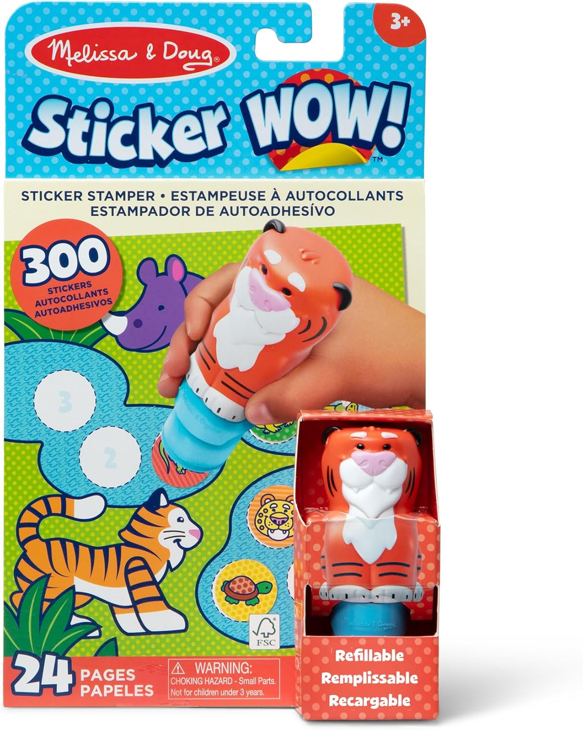 Melissa & Doug Sticker WOW Sticker Stamper and 24-Page Activity Pad, 300 Stickers, Arts & Crafts Fidget Toy Collectible Character Tiger - Creative Play Travel Toy for Girls & Boys 3+ - FSC Certified