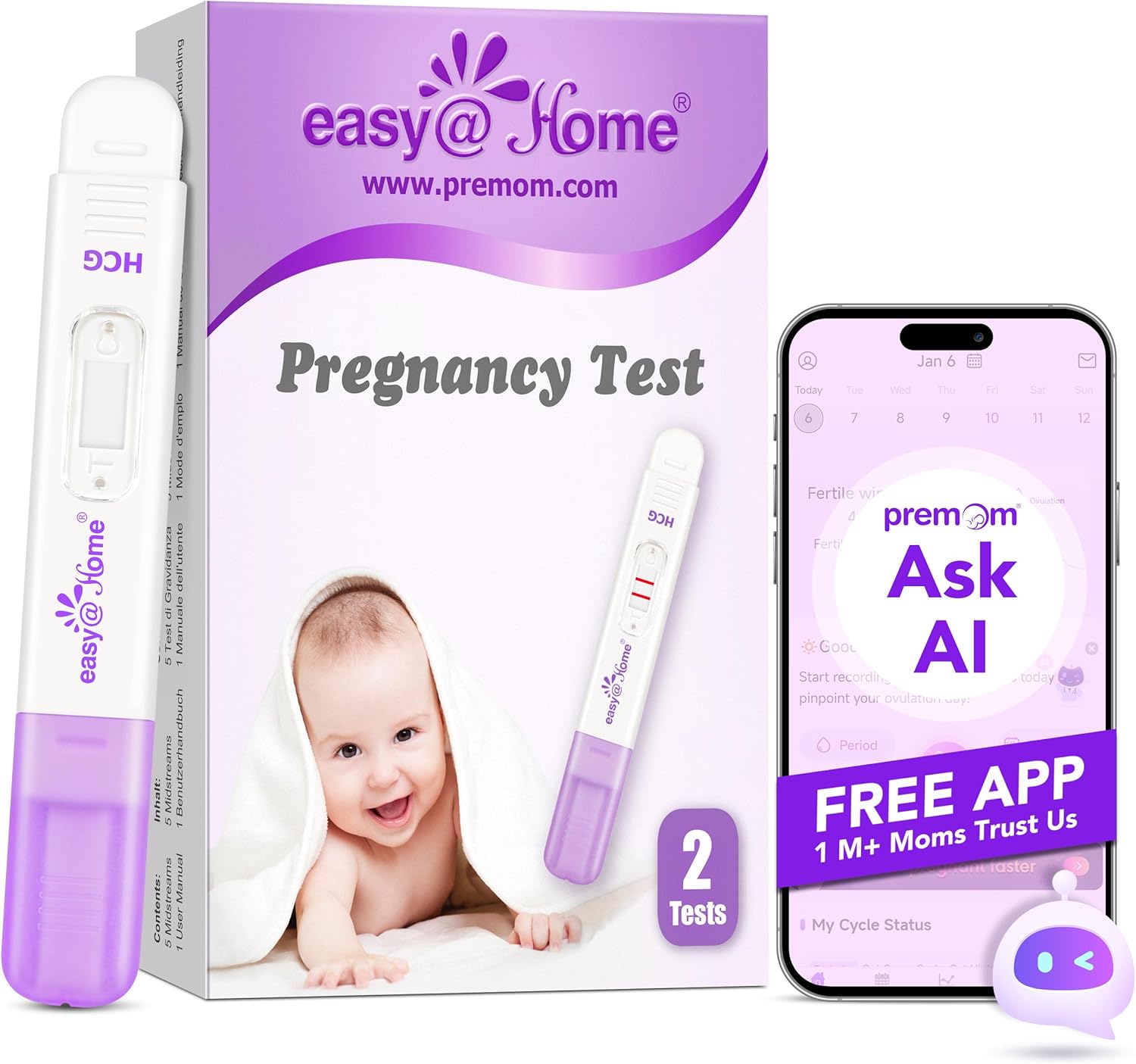 Early Detection Pregnancy Test kit - 2 x Easy@Home 10mIU/mL Highly Sensitive HCG Pregnancy Tests - Accurate Home Fertility Testing Kit - Early Result Test Midstream