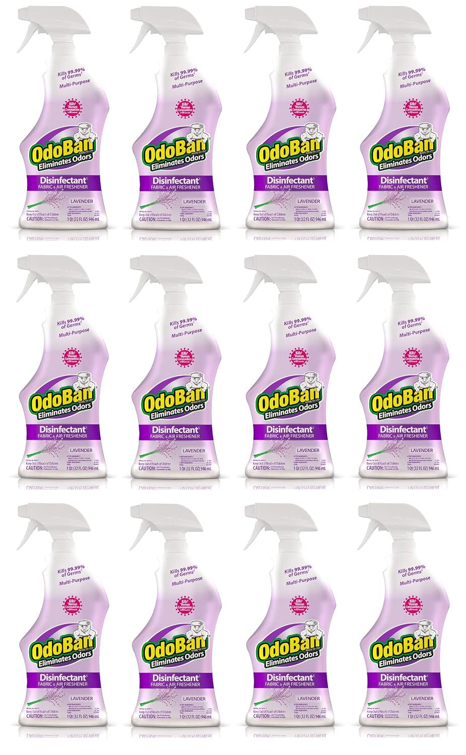 OdoBan Ready-to-Use Disinfectant and Odor Eliminator, Set of 12 Spray Bottles, 32 Ounces Each, Lavender Scent