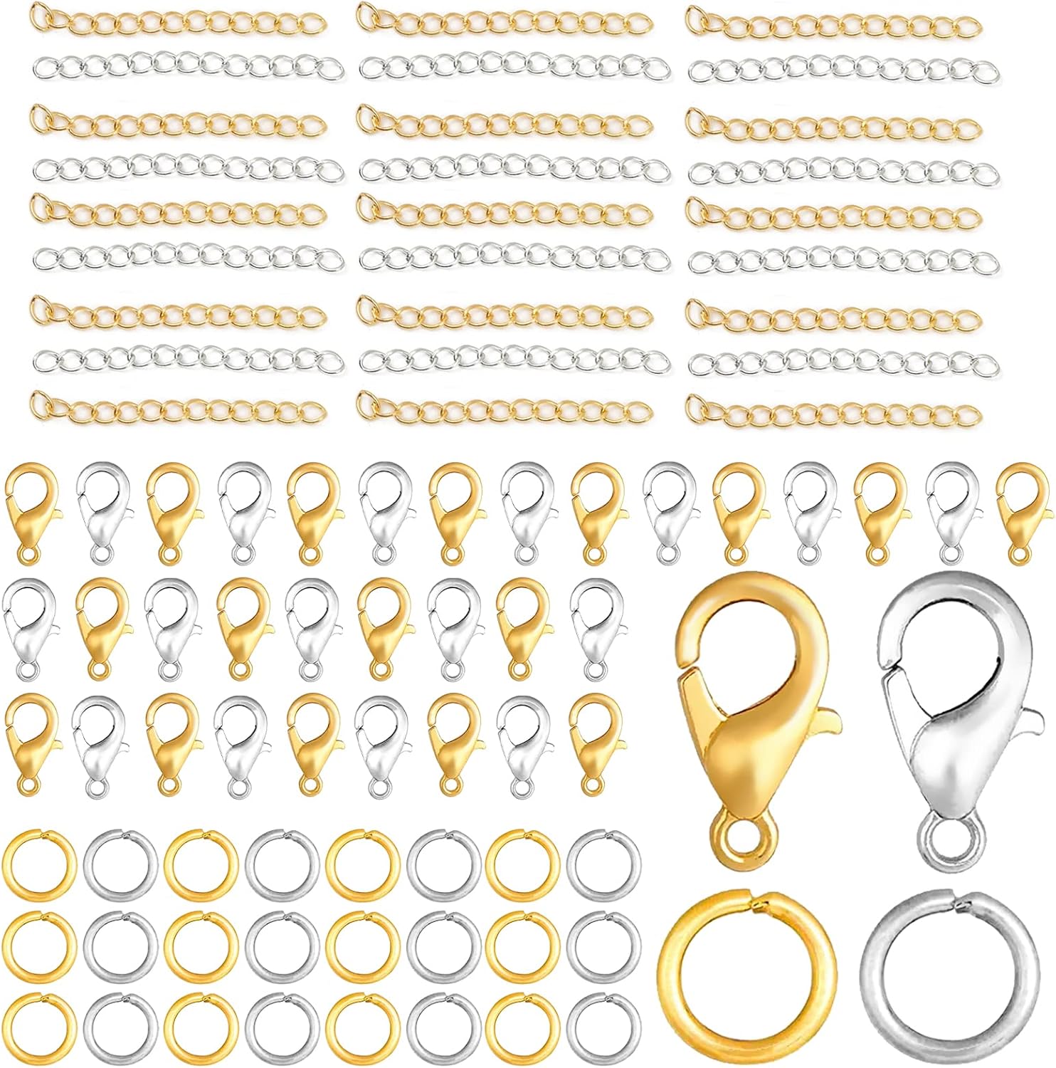 ZOCONE 400 Pcs Jewelry Bracelet Clasps Kit with 100 Lobster Claw Clasps, 200 Open Jump Rings, 100 Bracelet Necklace Extender Chain Alloy Jewelry Clasps Set for DIY Craft Jewellery Making-Gold/Silver