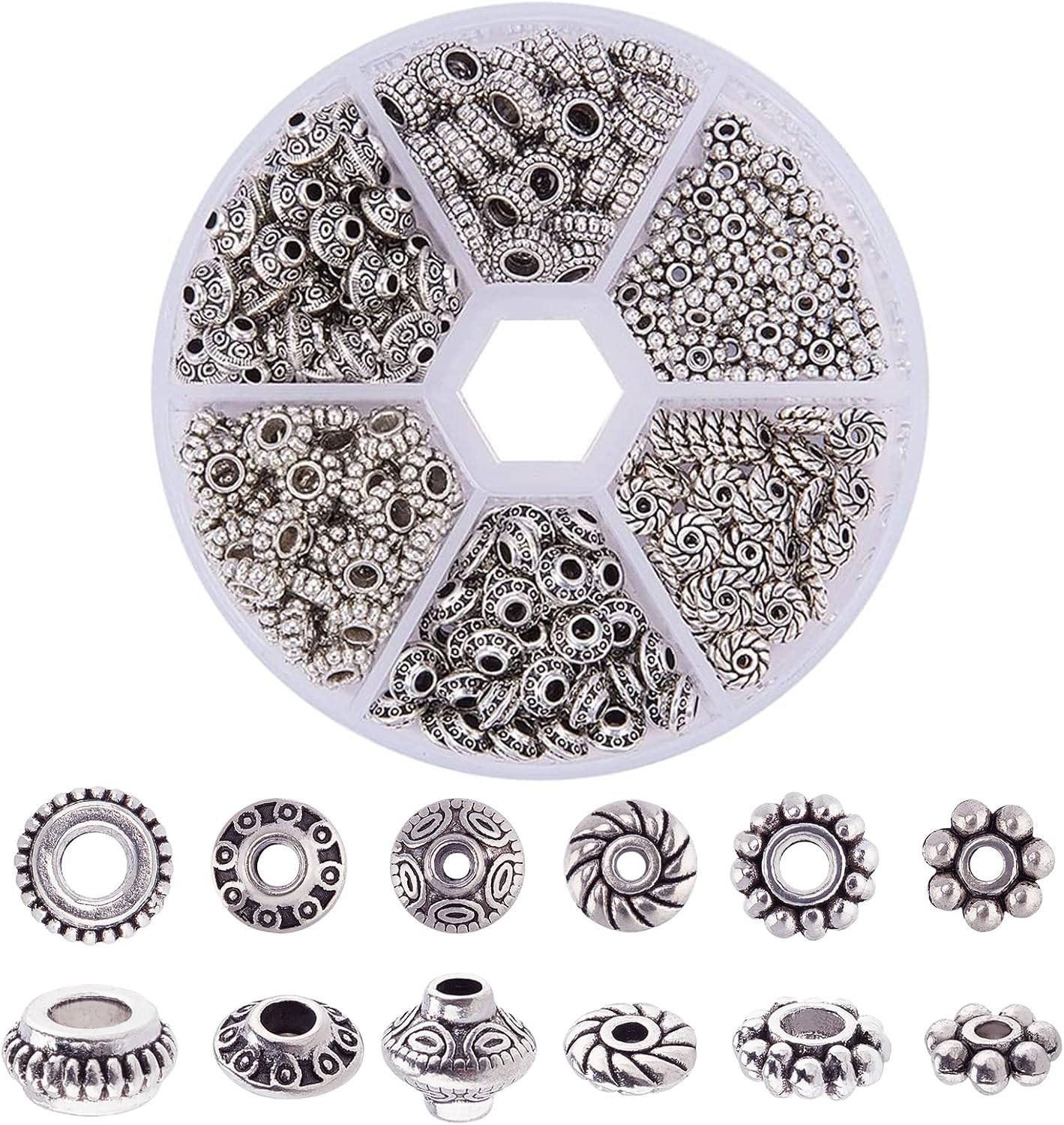 PH PandaHall 300pcs 6 Style Antique Silver Spacer Beads, Tibetan Metal Alloy Tube Spacers Flower Flat Rondelle Small Loose Beads for Bracelet Necklace Earring Jewelry Making Supplies
