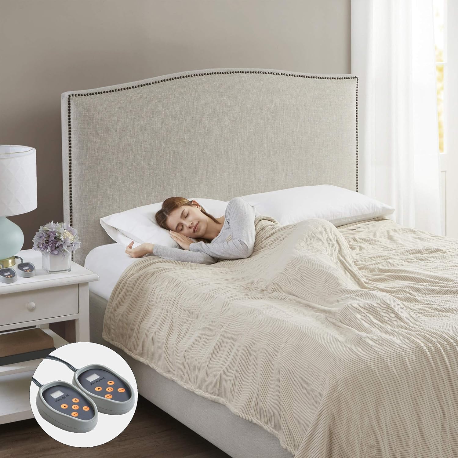 Beautyrest Electric Blanket Luxurious Micro Fleece Ultra Soft Ribbed Textured, Cozy and Snuggly Cover for Cold Weather, Fast Heating, Auto Shut Off, 20 Level Heat Setting Controller, Twin, Beige