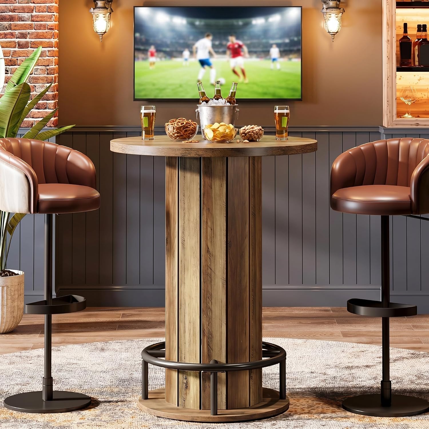 Tribesigns Round Bar Table, 39.4" H Wood Bistro Pub Table with Metal Ring Footrest for Dining Coffee Cocktail Living Room, Small Space, Brown(Only Table)