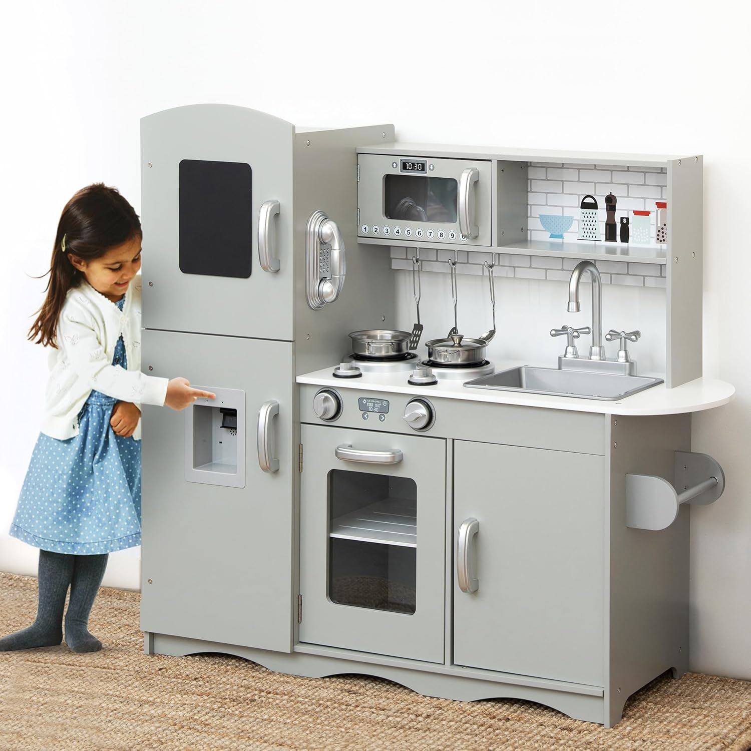 Motherandbaby Kids Wooden Play Kitchen Boys Girls Pretend Toy with Sounds and Light Cooking Role Play Large Size 91.5x85.5x30cm - New Grey (with Utensil Toys)