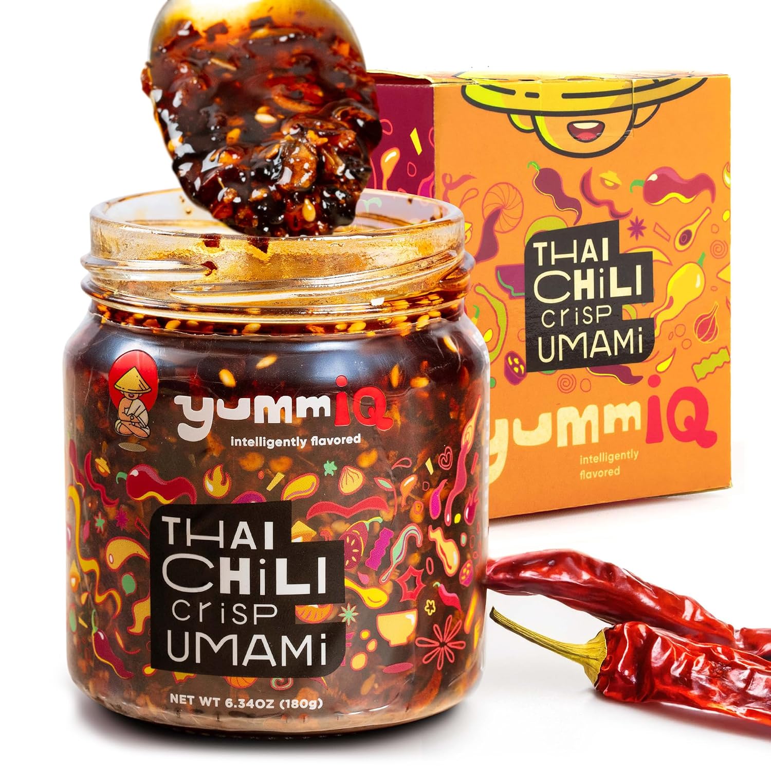YummIQ Original Thai Chili Crisp Oil - Thai Chili Crisp Umami Sauce - Flavorful & Crunchy Garlic Oil, Fresh Crispy Texture, No MSG or Preservatives, Vegan - Authentic Asian Spicy Sauce - 180g, 6.34oz