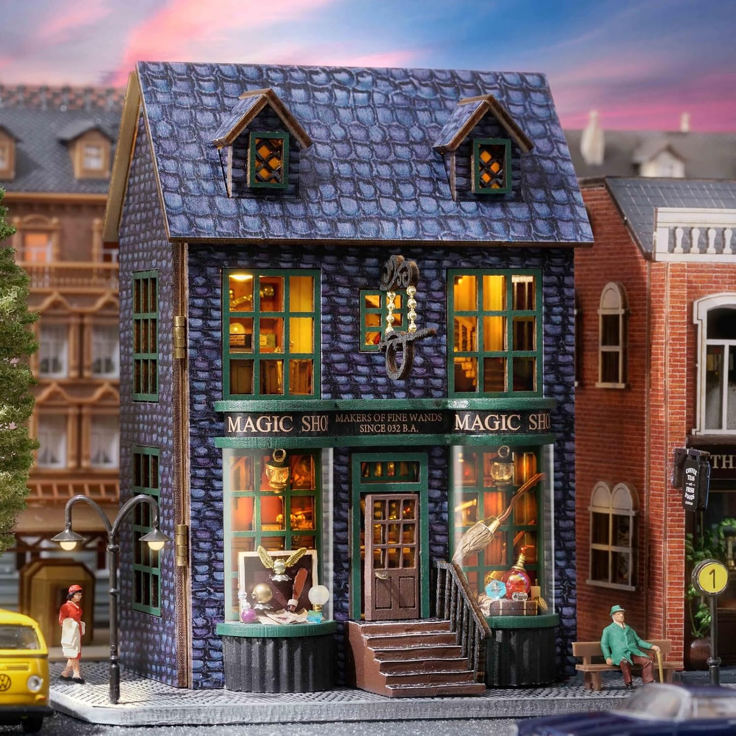 Miniature Doll House Kit, CUTEROOM DIY House Kit Wooden Dollhouse Kit with Furniture and LED Lights Birthday Gift for Girls and Women (Magic Shop)