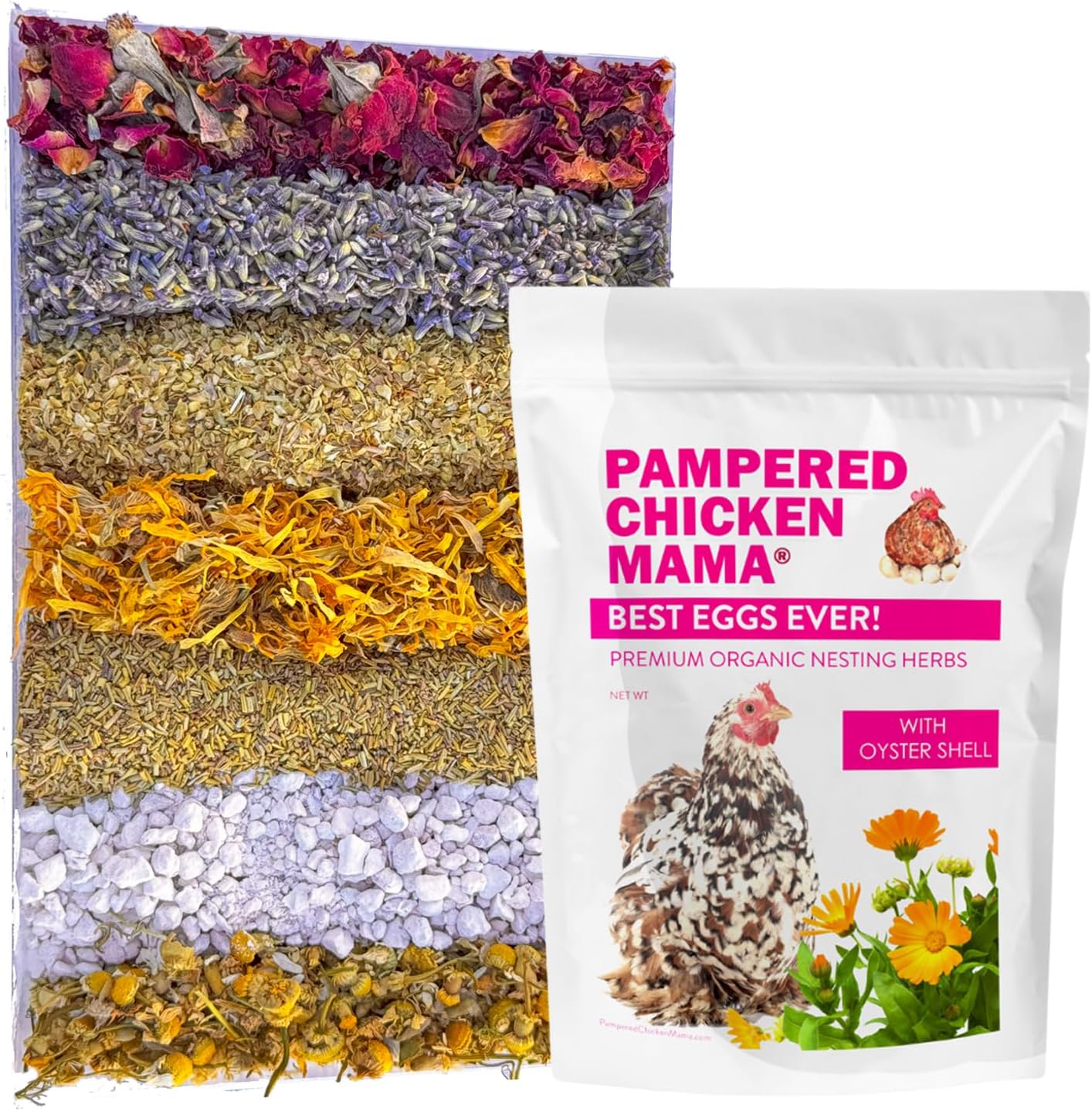 Pampered Chicken Mama Best Eggs Ever! Nesting Herbs for Chickens (10 Ounces) Calcium Supplement for Chickens | Chicken Feed Supplies, Hen Treats for Coops