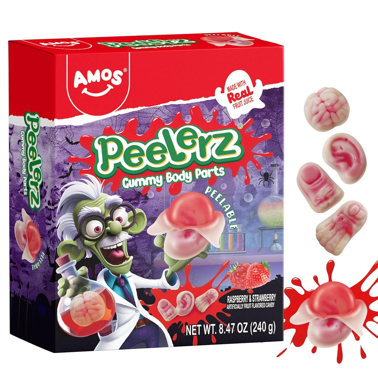 AMOS Halloween Peelerz Body Parts Gummies Candy - Party Treats & Trick or Treat Favors for Kids, Fun Snacks for Adults, Individually Wrapped Pieces, 240g (8.47oz) Bag