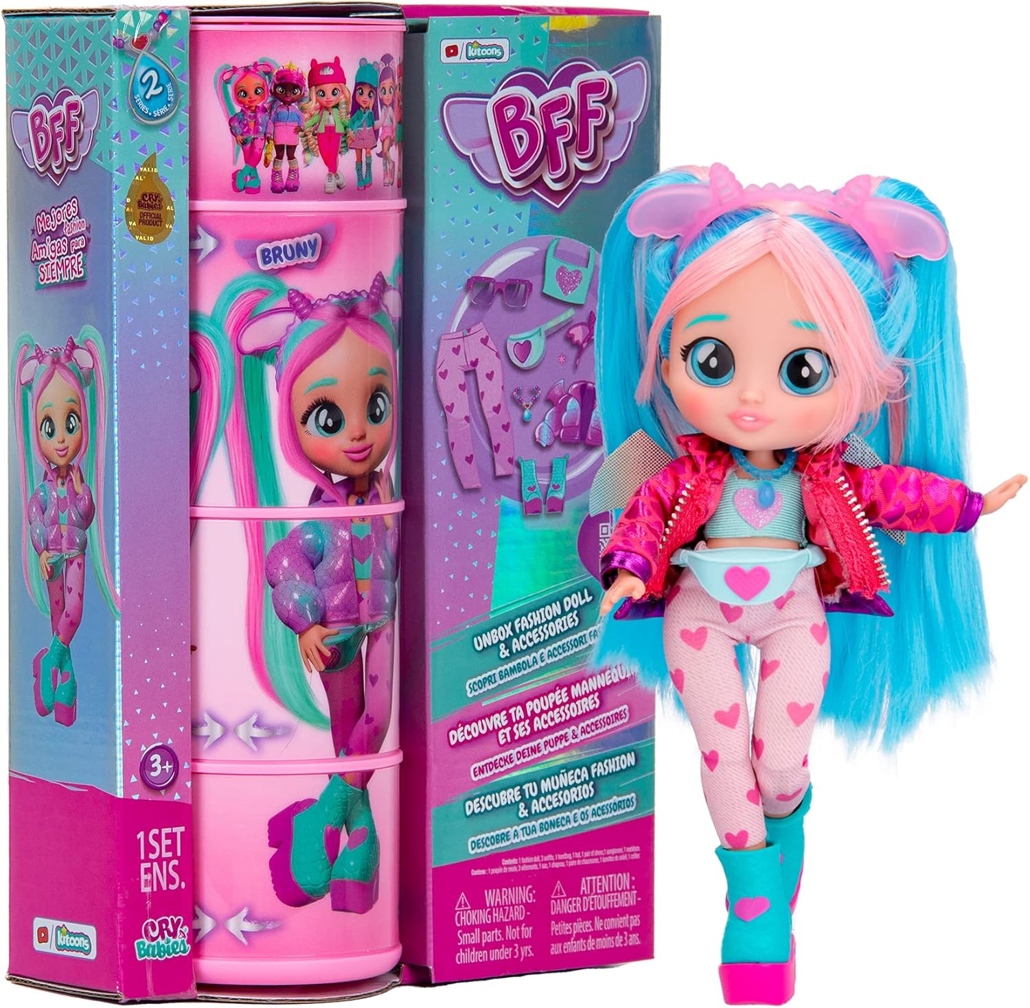 BFF by Cry Babies S2 Bruny Collectible fashion Doll with long Hair, fabric Clothes & 10 Accessories - Toy Gift for Girls and Boys +5 Years