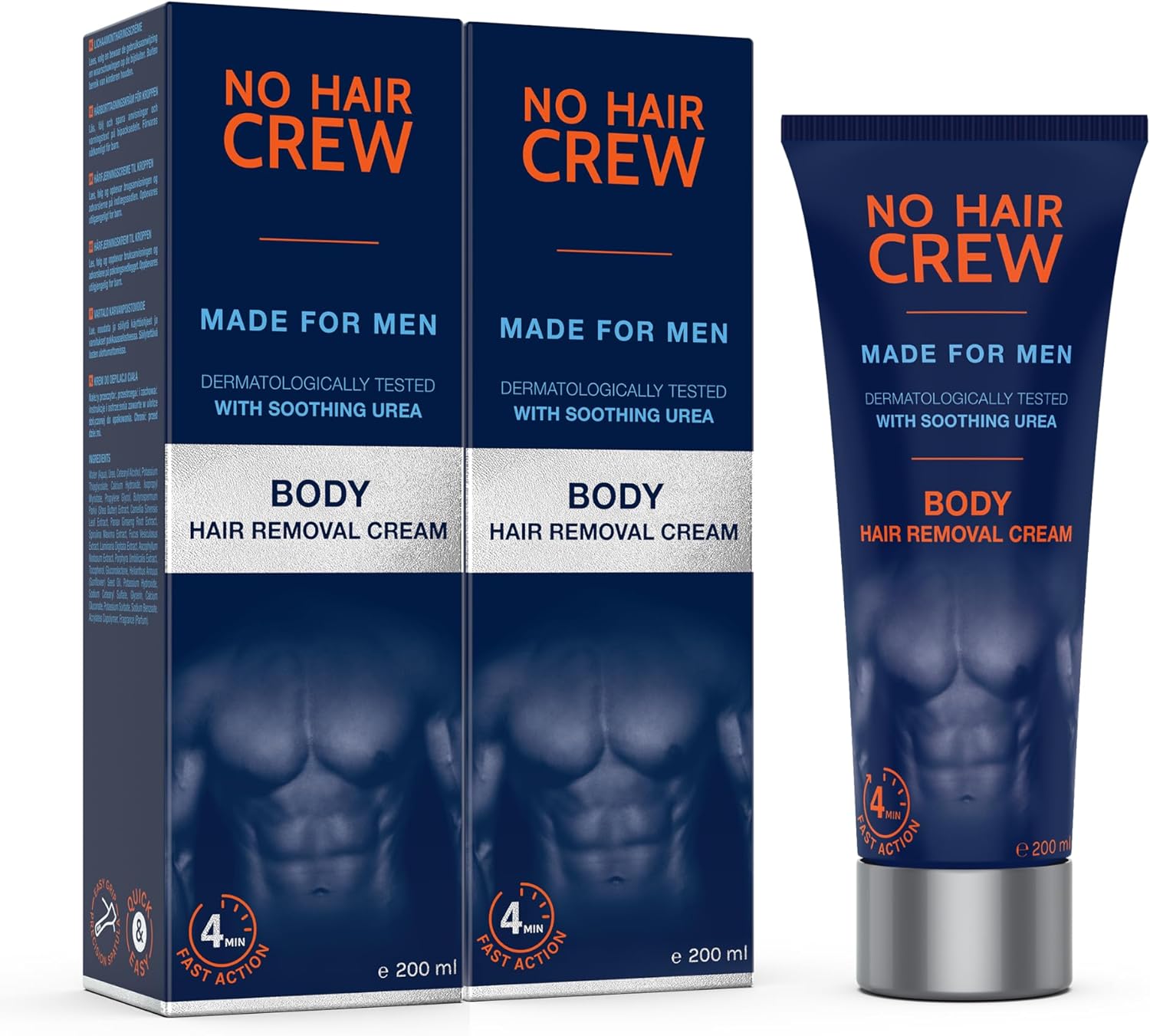NO HAIR CREW Body Hair Removal Cream for Men Pack of 2 (2 x 200 ml) – For Chest, Back and Underarms – Gentle and Effective Depilation without Cuts or Razor Burn