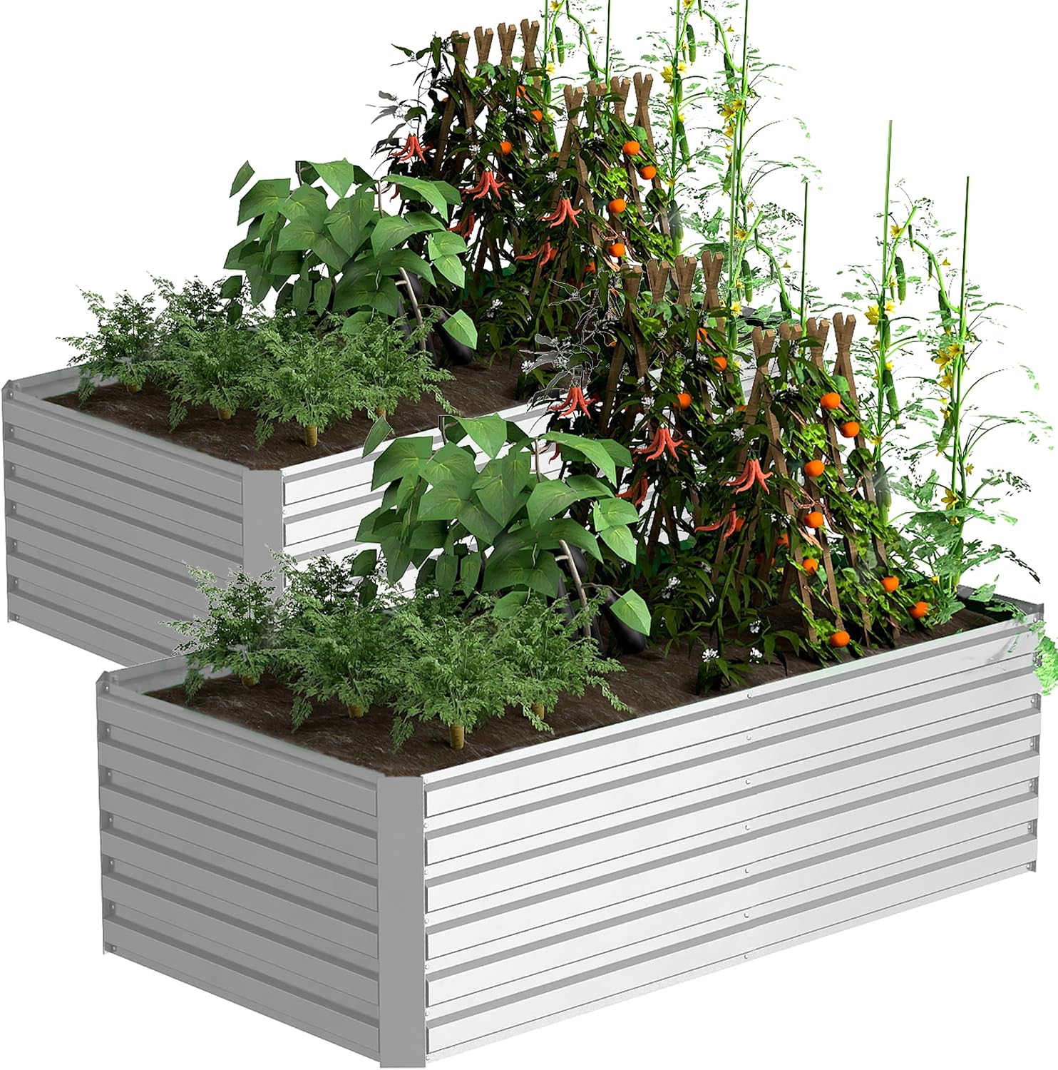 FOOWIN 2pcs 8x4x2ft Galvanized Raised Garden Bed, Planter Raised Garden Boxes Outdoor, Large Metal Raised Beds for Gardening, Garden Bed for Vegetables, Flowers, Herb,478 Gallon Capacity, Silver