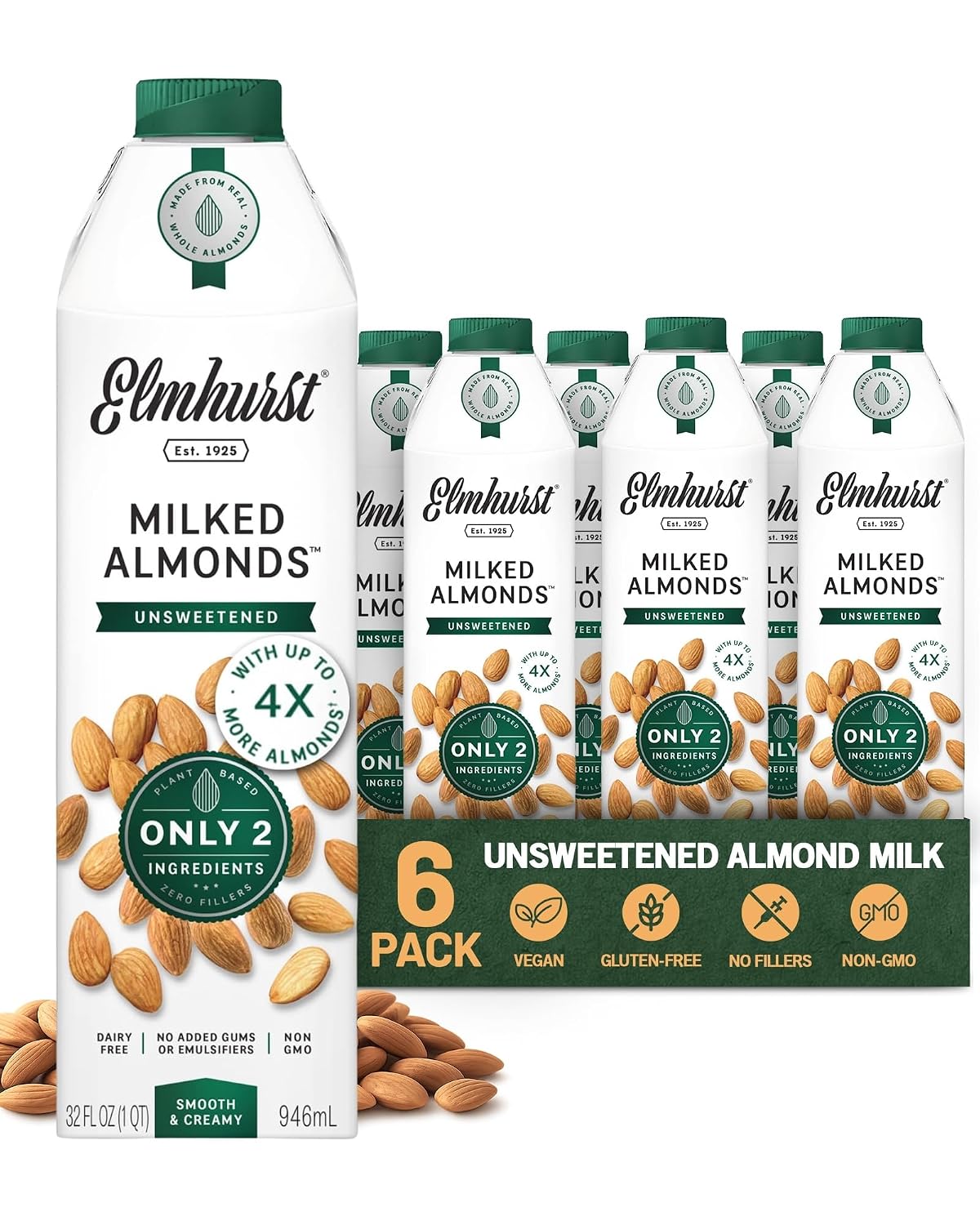 Elmhurst 1925 Unsweetened Almond Milk - 32 Ounce (Pack of 6), Vegan