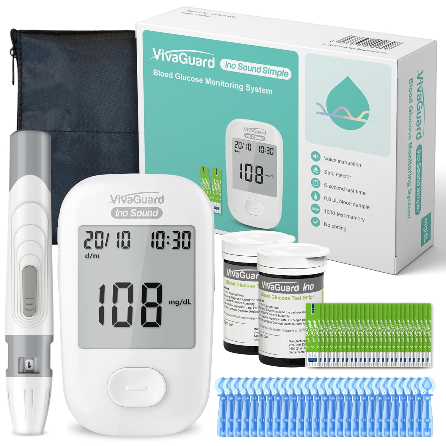Blood Glucose Monitor Kit Voice Talking,1 Glucose Meter 1 Lancing Device 100 Glucometer Strips 100 30G Lancets,Blood Sugar Diabetes Testing Kit for Home use with Carrying Case,No Coding