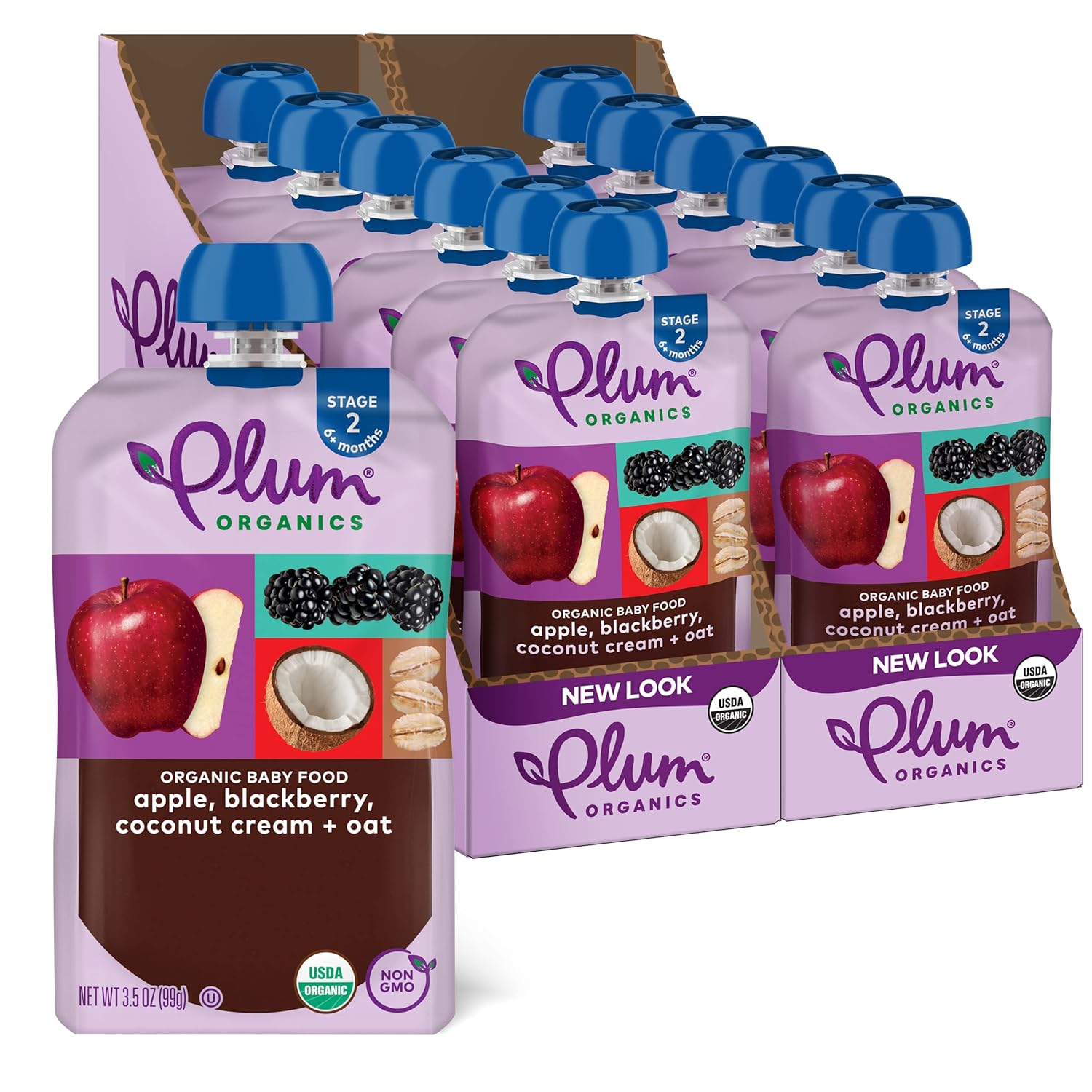 Plum Organics Stage 2 Organic Baby Food, Apple Blackberry Coconut Cream + Oat, 6+ Months, Kosher, Non-GMO, 3.5 Ounce (Pack of 12)