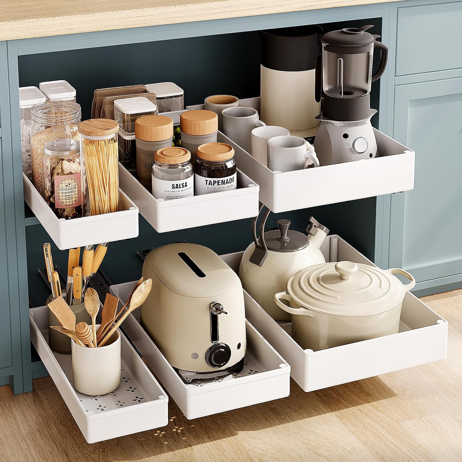 SOLEDI 3 Pack Pull Out Cabinet Organizer, Pull Out Drawer for Kitchen Cupboard, No Punch for Kitchen Cabinets, Bathroom Cabinet Organizer, Pantry, Slide Out Drawers Shelf Storage, Cream White 3 Sizes
