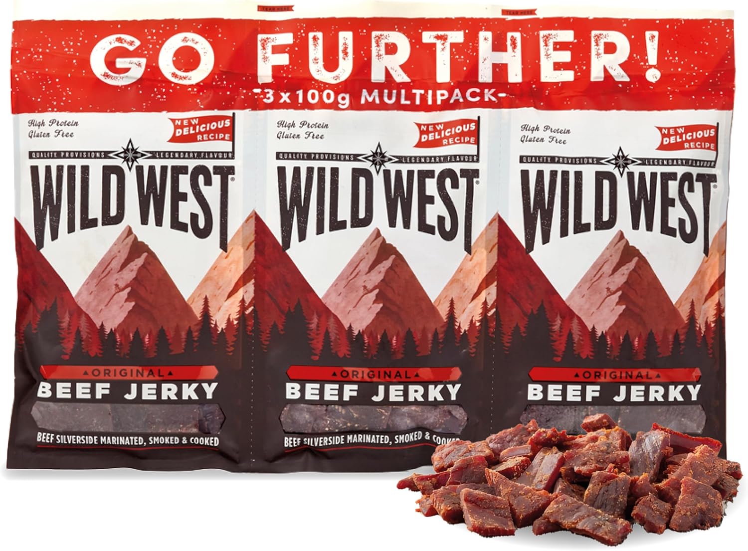 Wild West Original Flavour Beef Jerky, High Protein Multipack 3 x 100 Gram Packs