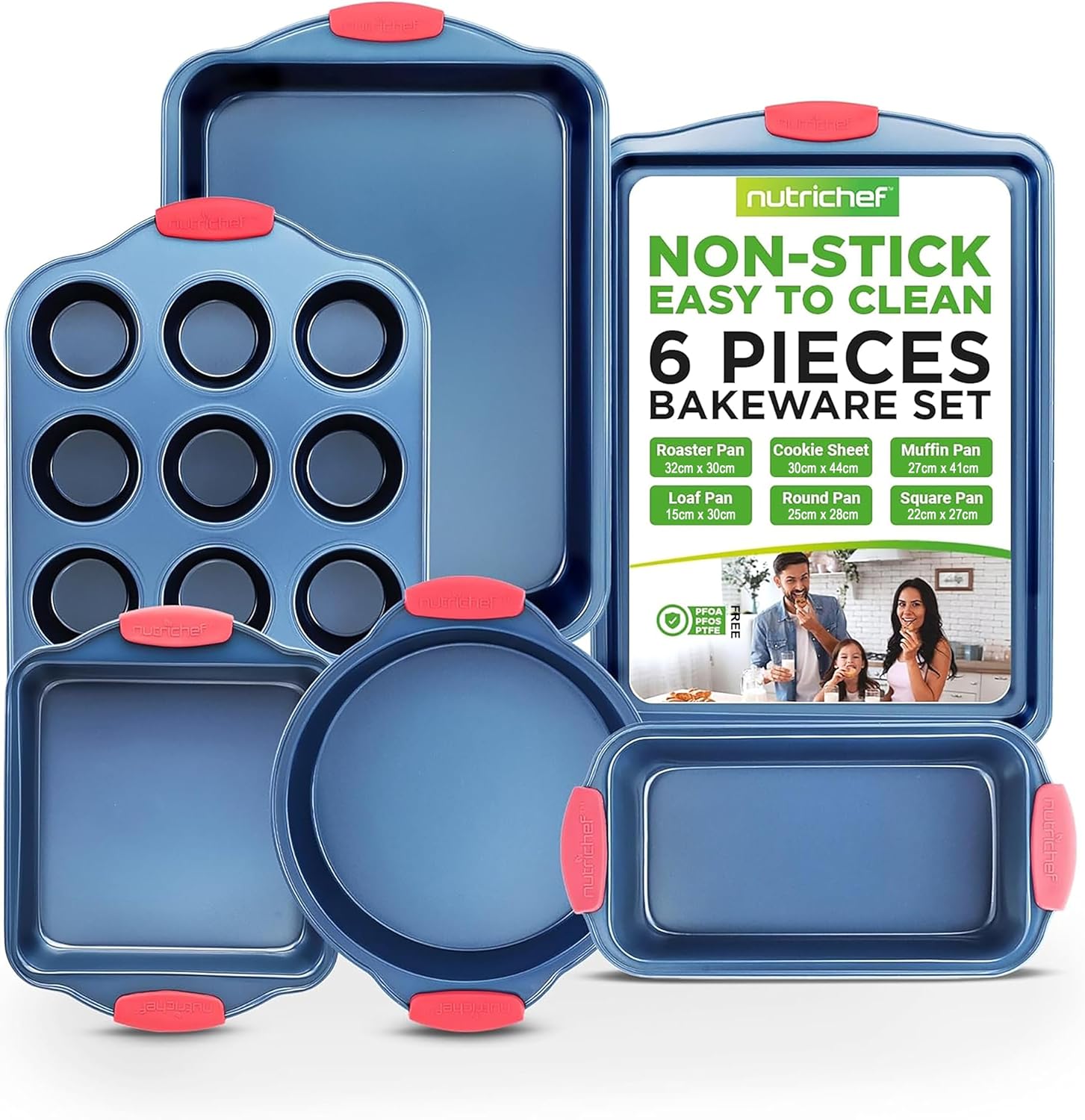 NutriChef Kitchen Oven Baking Pans, Carbon Steel Bakeware Set, Deluxe Nonstick - Cookie & Muffin Sheet Oven Pan Style, Blue Coating w/ Red Silicone Handles, Oven Safe 6 Pc Pan Set