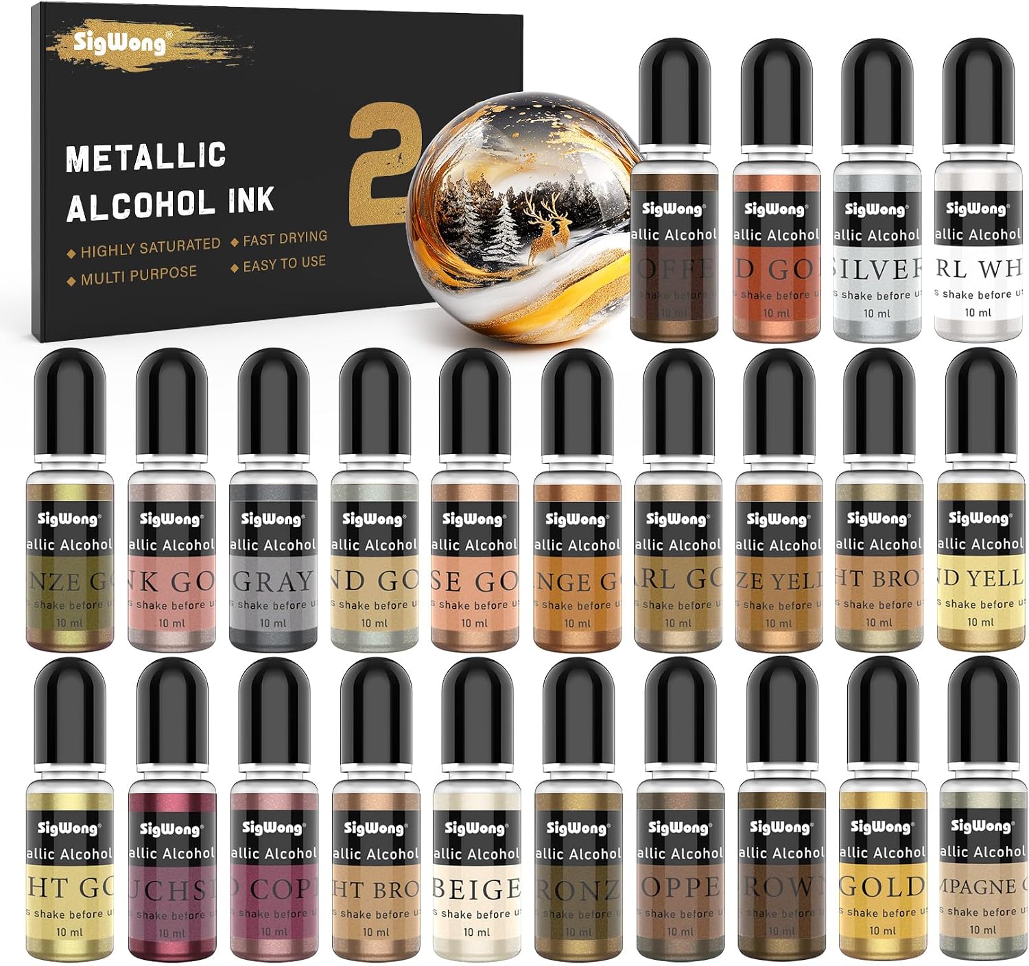 SigWong Metallic Alcohol Ink Set - 24 Colors, 10ml Each, Shimmer Mixatives for Resin, Yupo, Coaster, Painting, Tumbler Cup Making